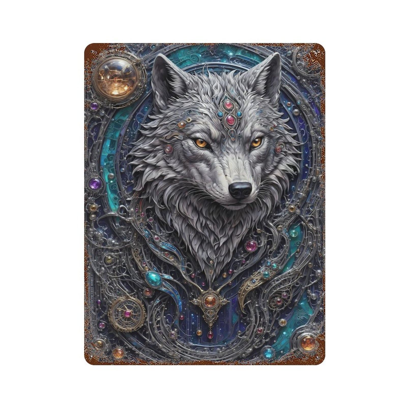 Techno Wolf Steampunk Vintage Rust Metal Sign 15.7"x11.8", Farmhouse Wall Decor for Garage, Pub Or Kitchen