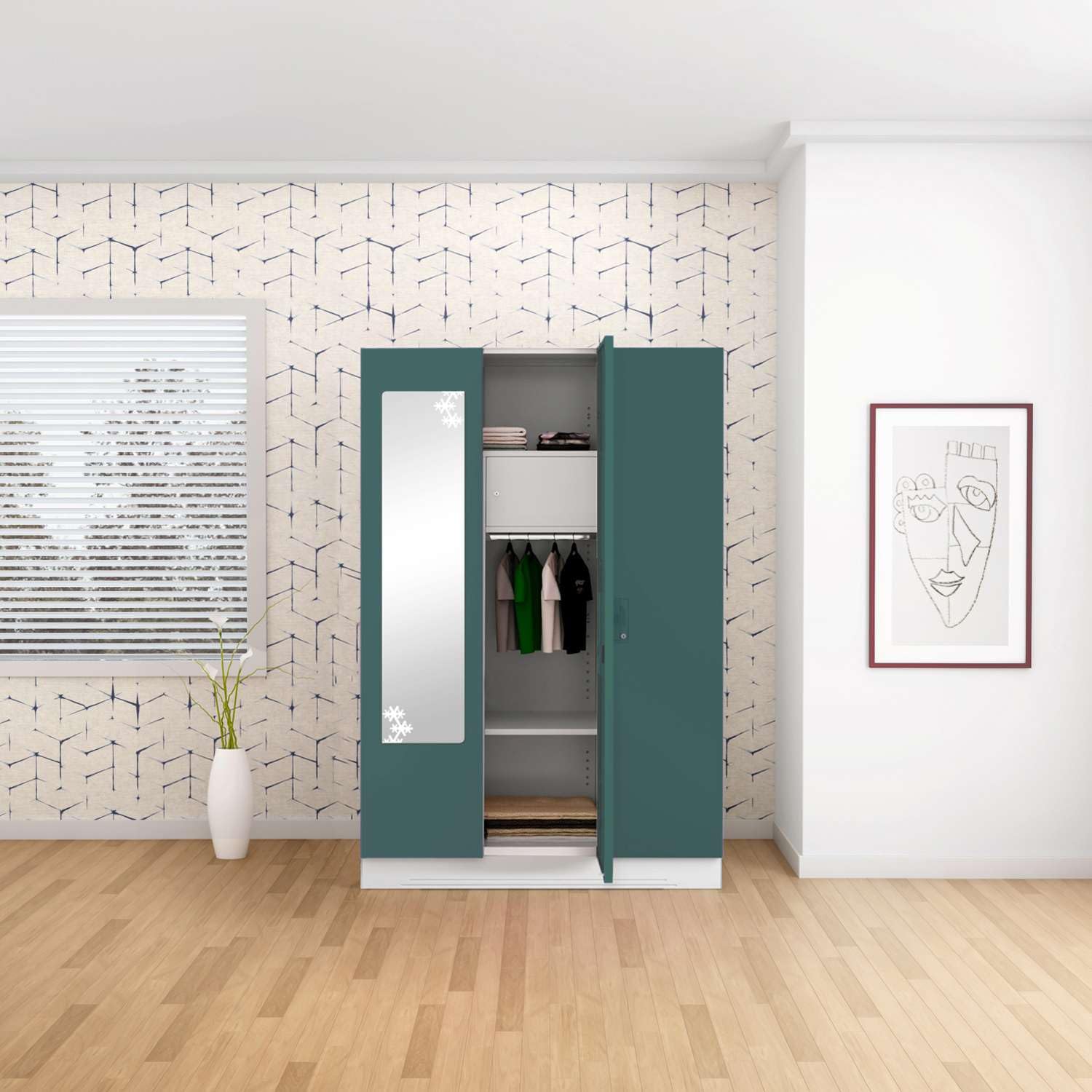 GODREJ INTERIO Almirah Slimline 3-Door Steel Almirah, Cupboard for Clothes (Textured Sea Pine), 1-Year Warranty, 6 Shelves, 1 Locker, 2 Drawers, Star Design Mirror