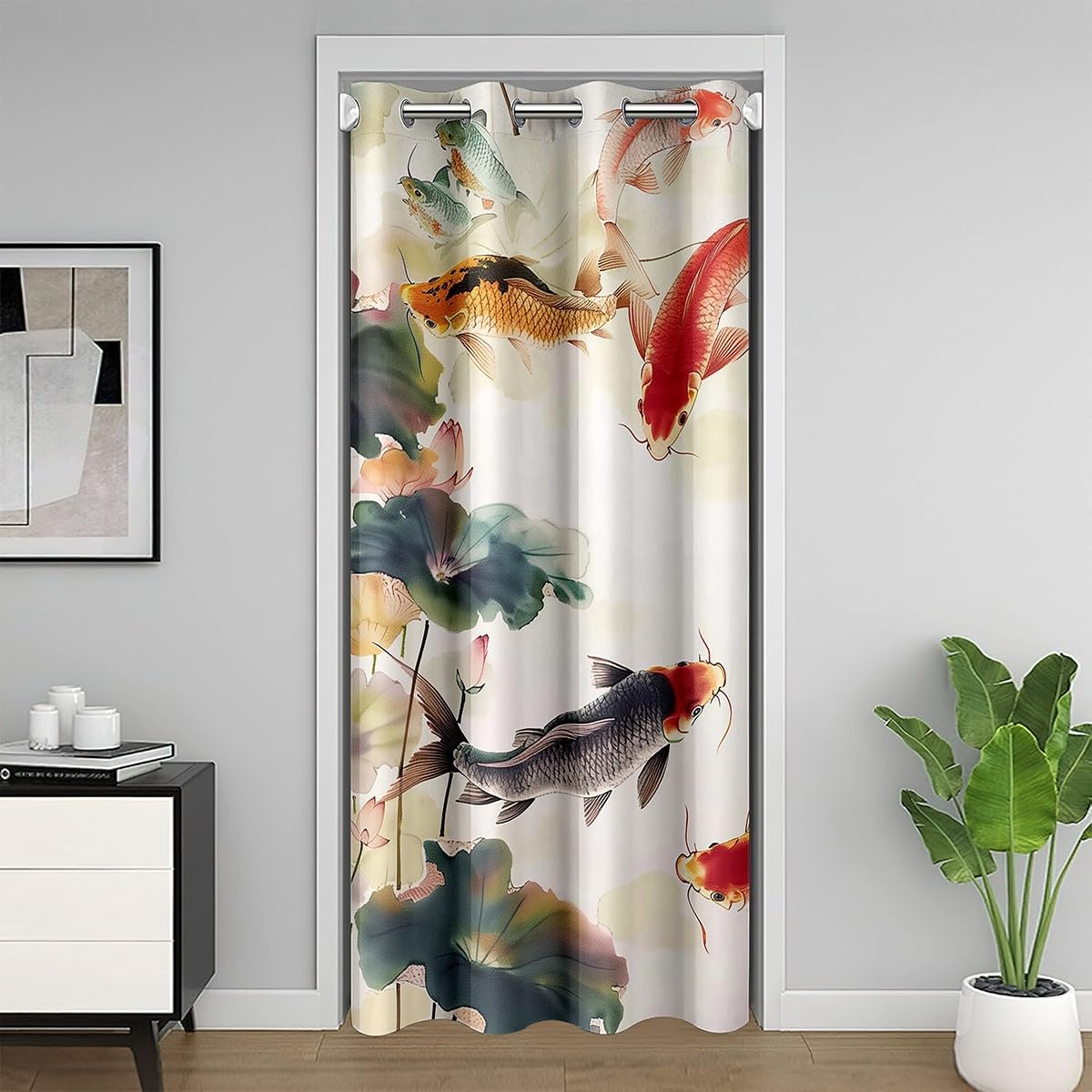 Manfei Watercolor Goldfish Door Curtain,Oil Painting Summer Lotus Flowers Room Darkening Blackout Curtain 1 Panel,42" W X 80" L,Tie Dyed Lotus Leaves Botanical Plants Room Divider Blackout Curtain