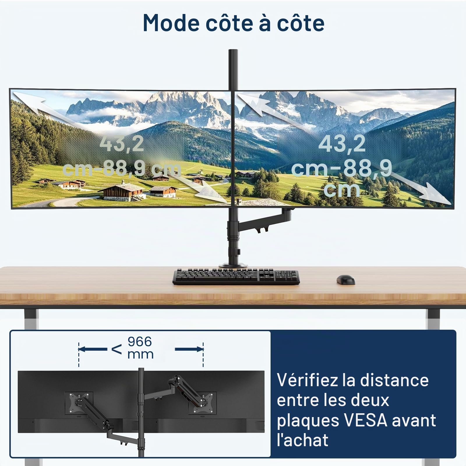 Support pour écran de 17 à 40 pouces, supporte 12 kg par écran avec réglage de la hauteur, de l'inclinaison et du pivot, VESA 75/100 mm
