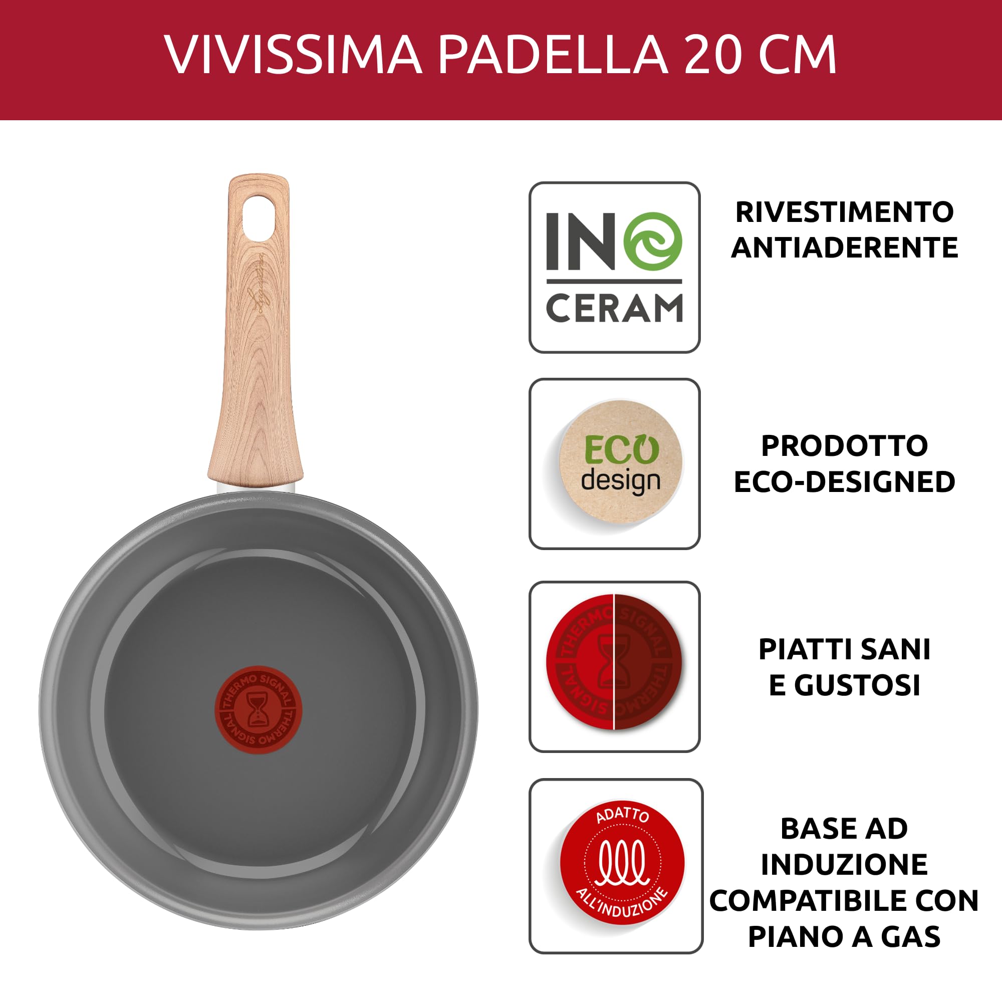 Lagostina Vivissima, Padella Antiaderente 20 cm con Manico Lungo, Rivestimento in Ceramica, Riscaldamento Rapido e Cottura Uniforme, Adatto a Tutte le Fonti di Calore Inclusa Induzione