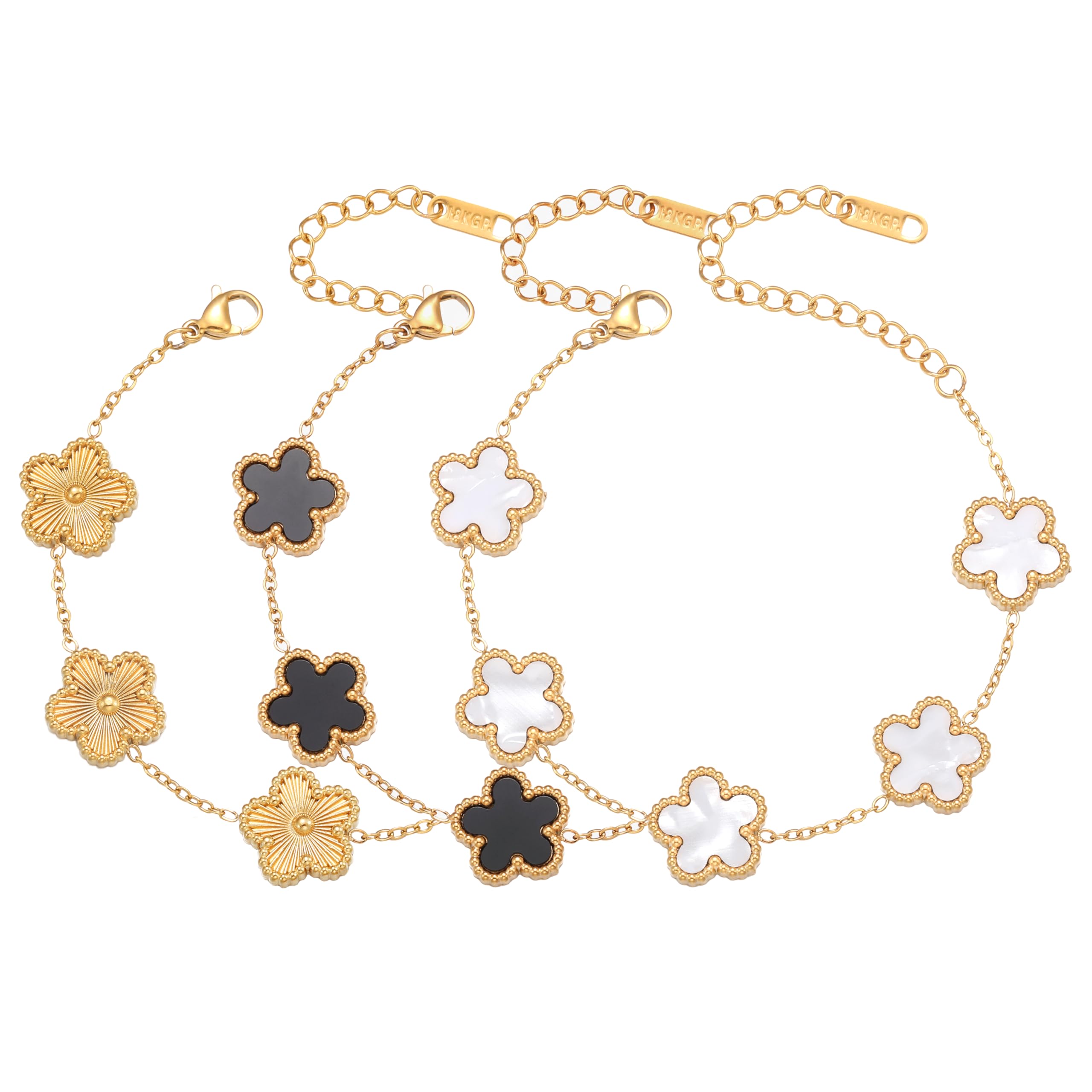 Four Leaf Clover Bracelet Set for Women - 3Pcs 18K Gold Plated Flower Lucky 4 Leaf Link Bracelet Jewelry Gift for Women Van Cleef