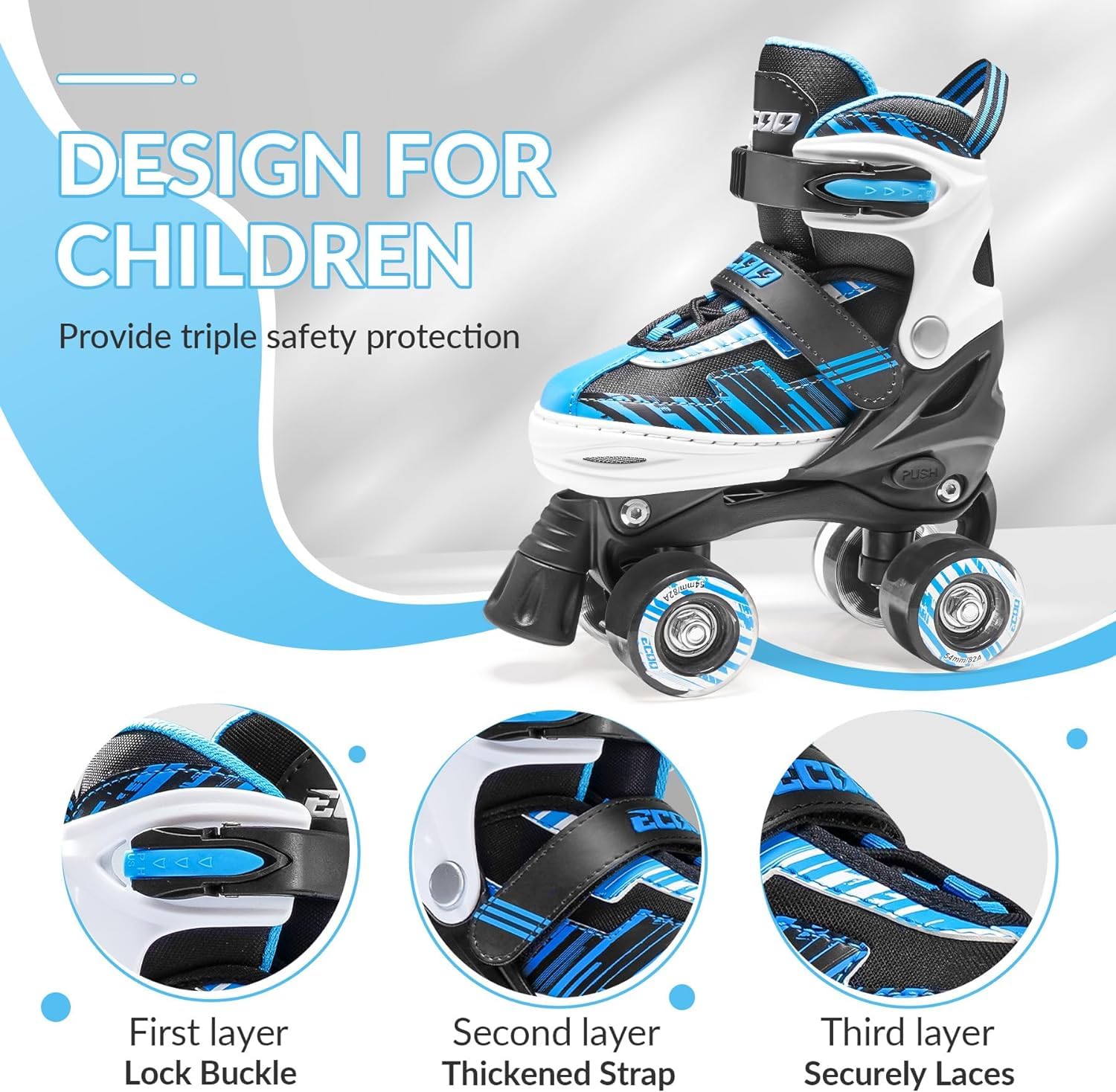 ECOO Roller Skates for Girls Boys Ages 4-12, Toddler Kids 4 Size Adjustable Light up Wheels Beginner Skates (Blue, Medium-Big Kids?13j-3 US?)