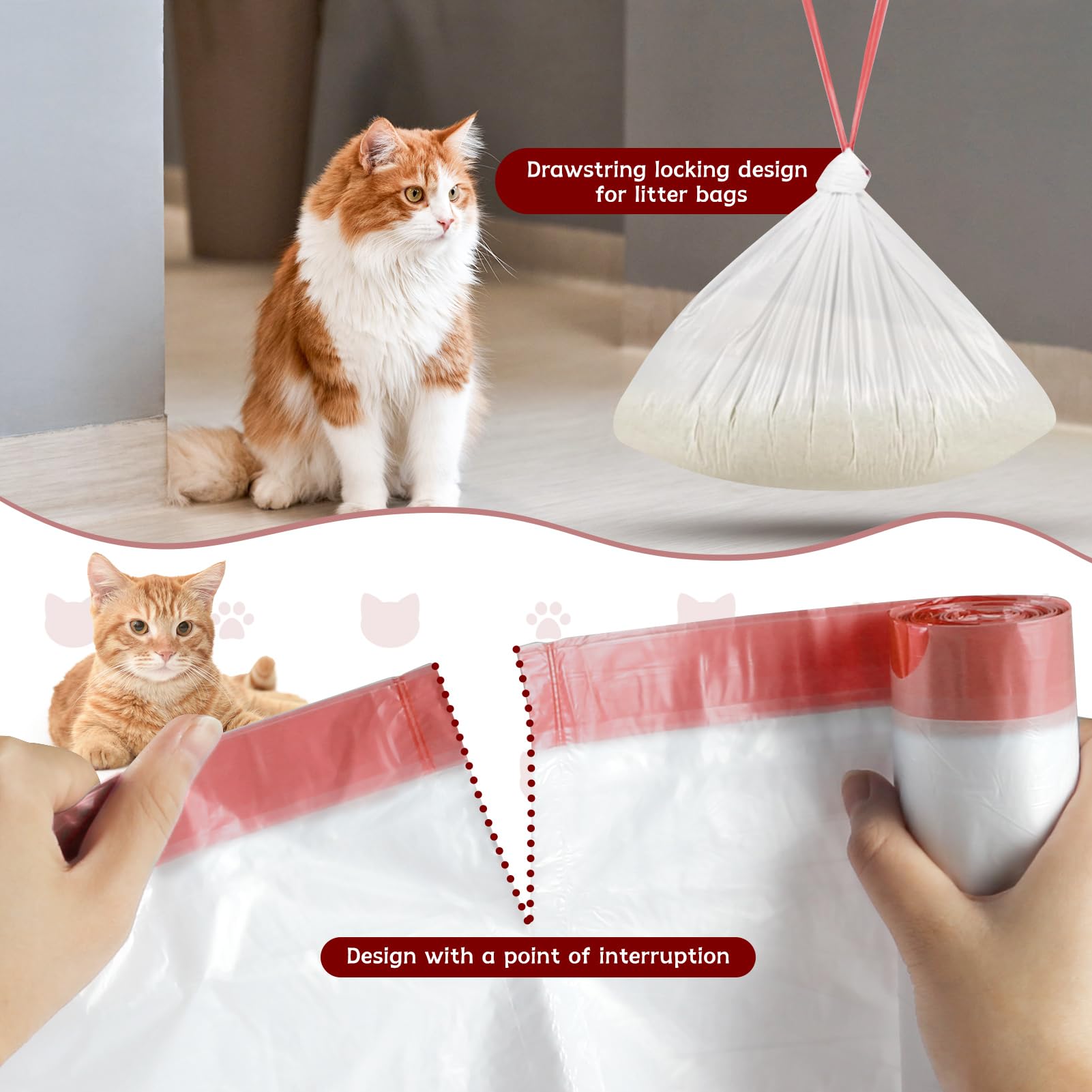 Bolsas de basura para gatos para limpieza automática de cajas de arena, 19.7 x 17.7 pulgadas, color negro (4 paquetes/80 unidades), color blanco y rojo