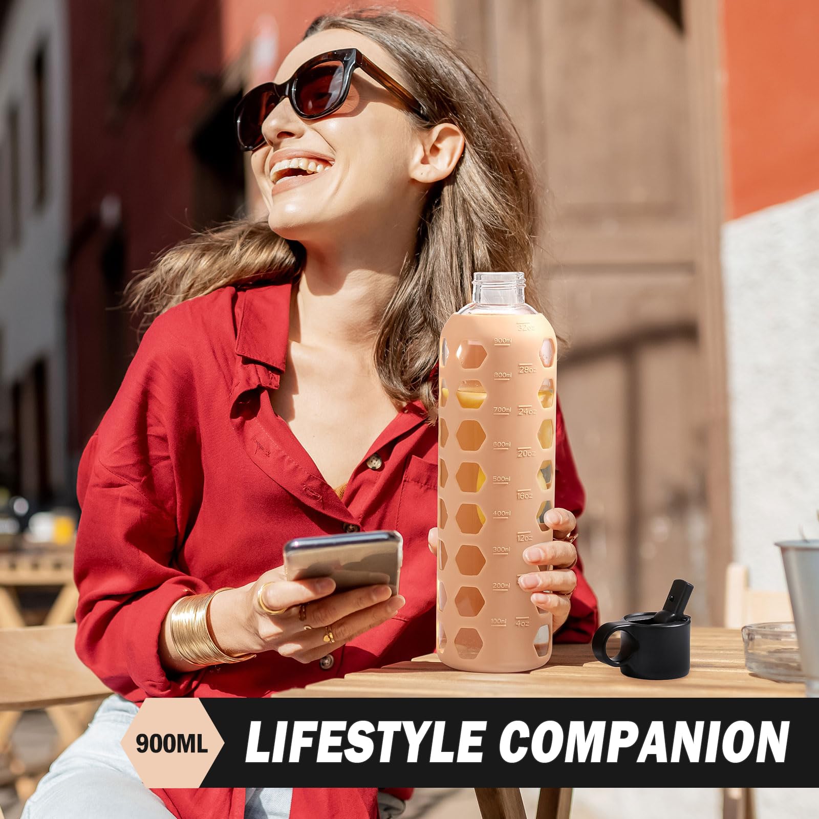 BLUEGO Borracce in vetro, 900ml Bicchiere in vetro, Bottiglie per bere con 2 coperchi, Bottiglia per l'acqua sportiva con custodia in silicone, A prova di perdite, Ambra