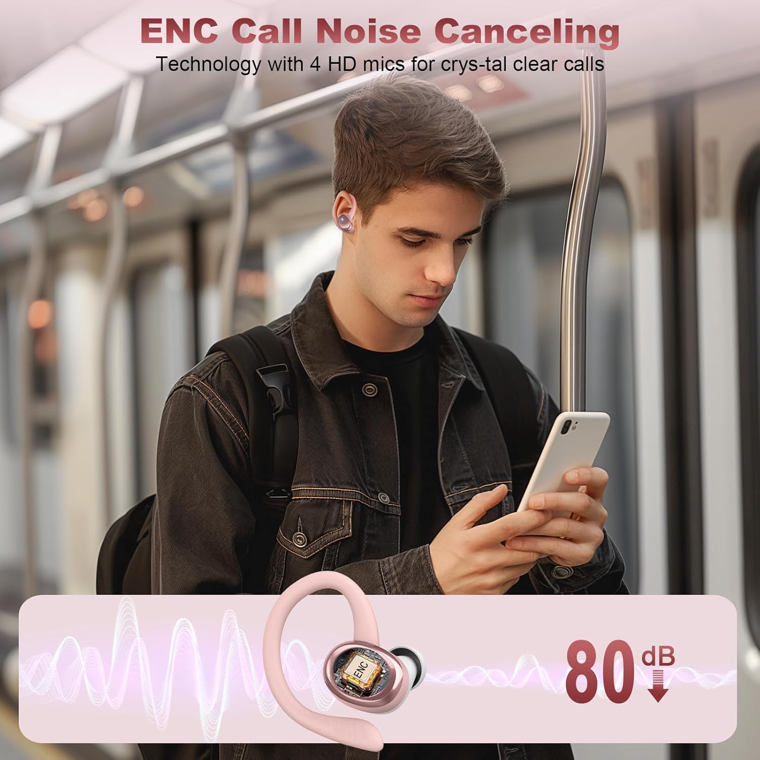 Auriculares Inalámbricos Bluetooth Deportivos, 60H Auriculares Bluetooth 5.4 con HiFi Estéreo, 4 ENC Mics, 2026 Cascos Inalambricos con Cancelación RuidoI/IP7/USB-C Auriculares para Correr Oro Rosa
