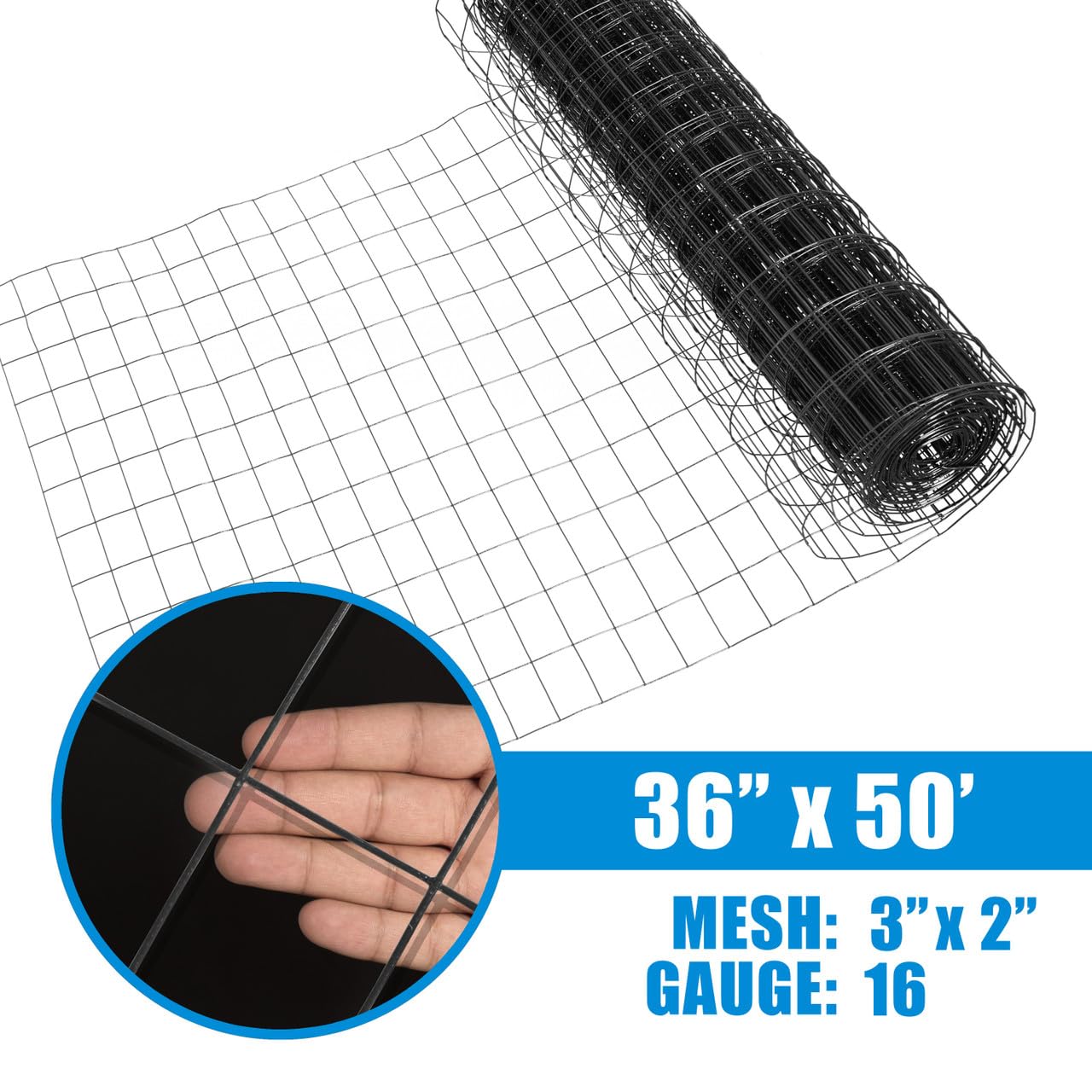 Fencer Wire 16 Gauge Green Vinyl Coated Welded Wire Mesh Size 2 inch X 3 inch, Black, 3x50 ft