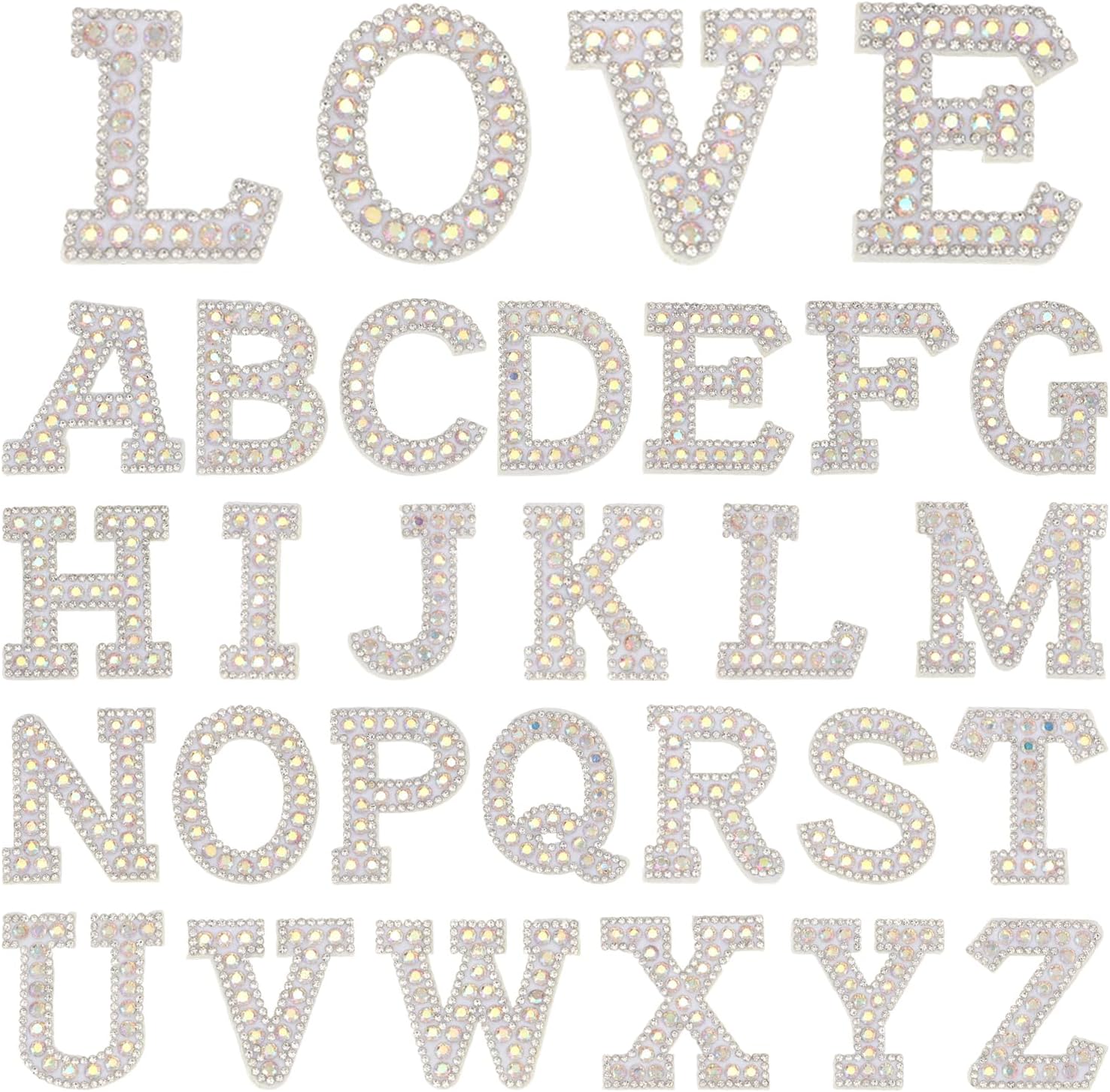104 Pcs Rhinestones Iron on Letter Patches A-Z Bling Glitter Alphabet Applique for Sew on Clothes Bags Hats DIY Craft Supplies (4 Colors)