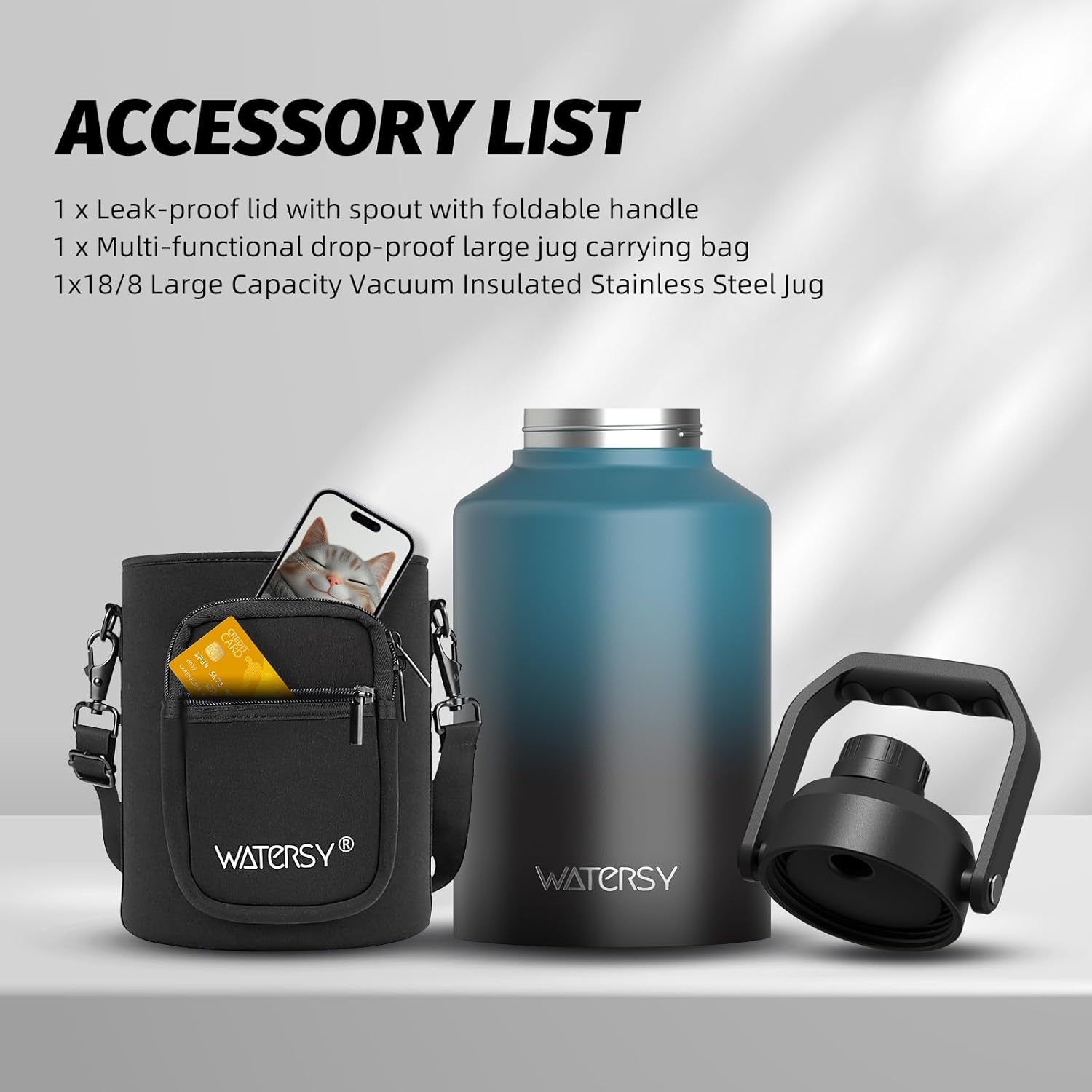 Product contents of a WATERSY insulated gallon water bottle