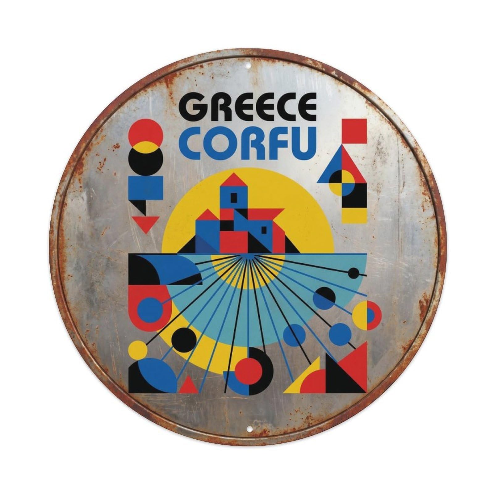 Este 8X8inch Style Corfu Paleokastritsa Greek Constructivist Europe Travel Metal Tin Sign