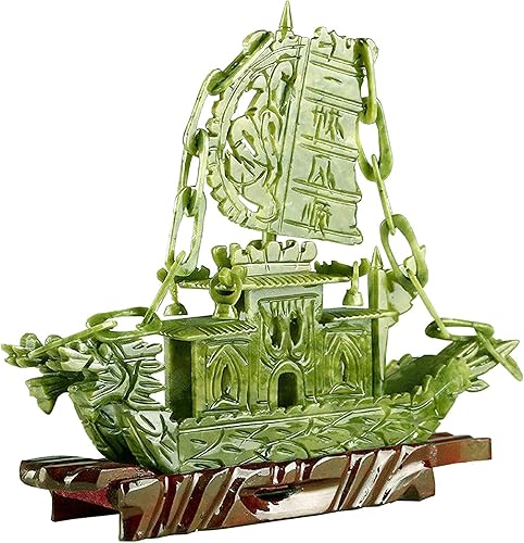 Miniatura 3 de Estatua de barco de vela de dragón Fengshui tallada en piedra de jade verde natural de China (8 pulgadas de alto x 10.8 pulgadas de largo x 2