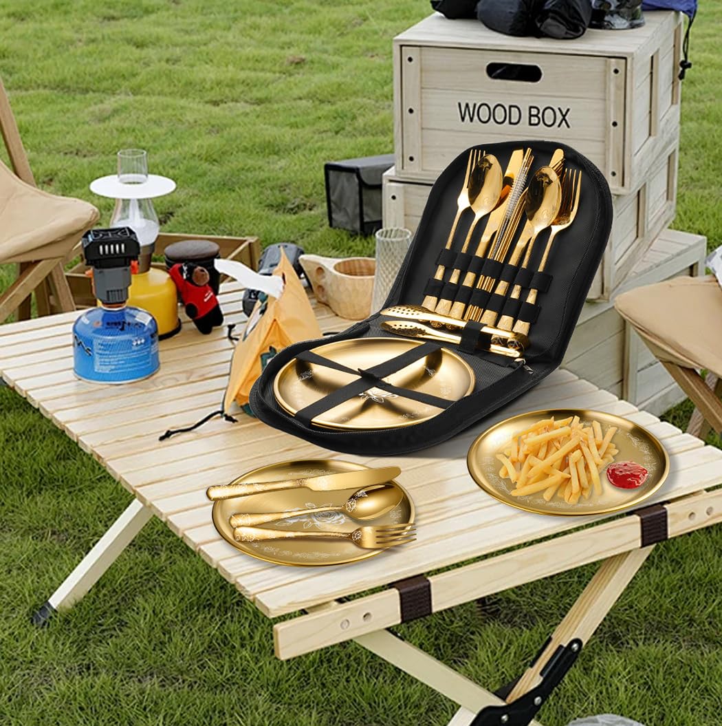 XIAOYU Ensemble de couverts de camping en métal 16 pièces pour pique-nique avec étui portable, vaisselle de pique-nique de camping pour 2, kit de couverts d'extérieur en acier inoxydable, noir