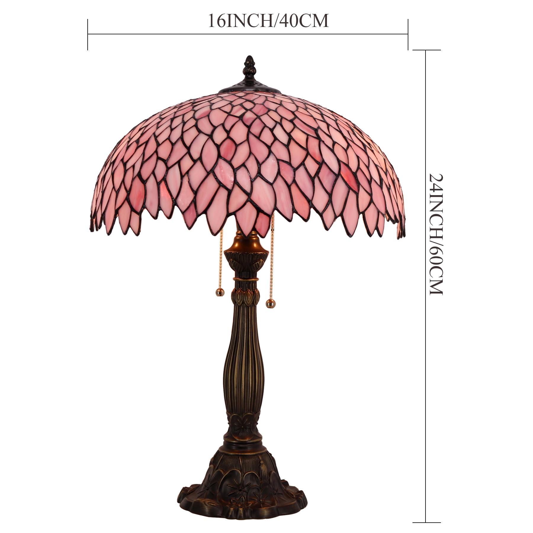 WERFACTORY Tiffany Lamp Stained Glass Style Bedside Table Lamp Pink Wisteria Desk Reading Light Resin Base 16X16X24 Inches — view 5