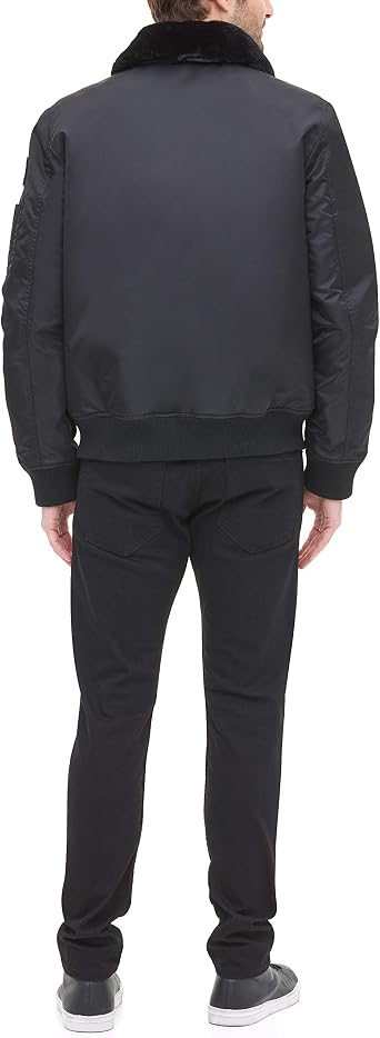 Tommy Hilfiger Men's Laydown Officer Jacket with Removable Pile Collar, Black w. Flag Patch, X-Large