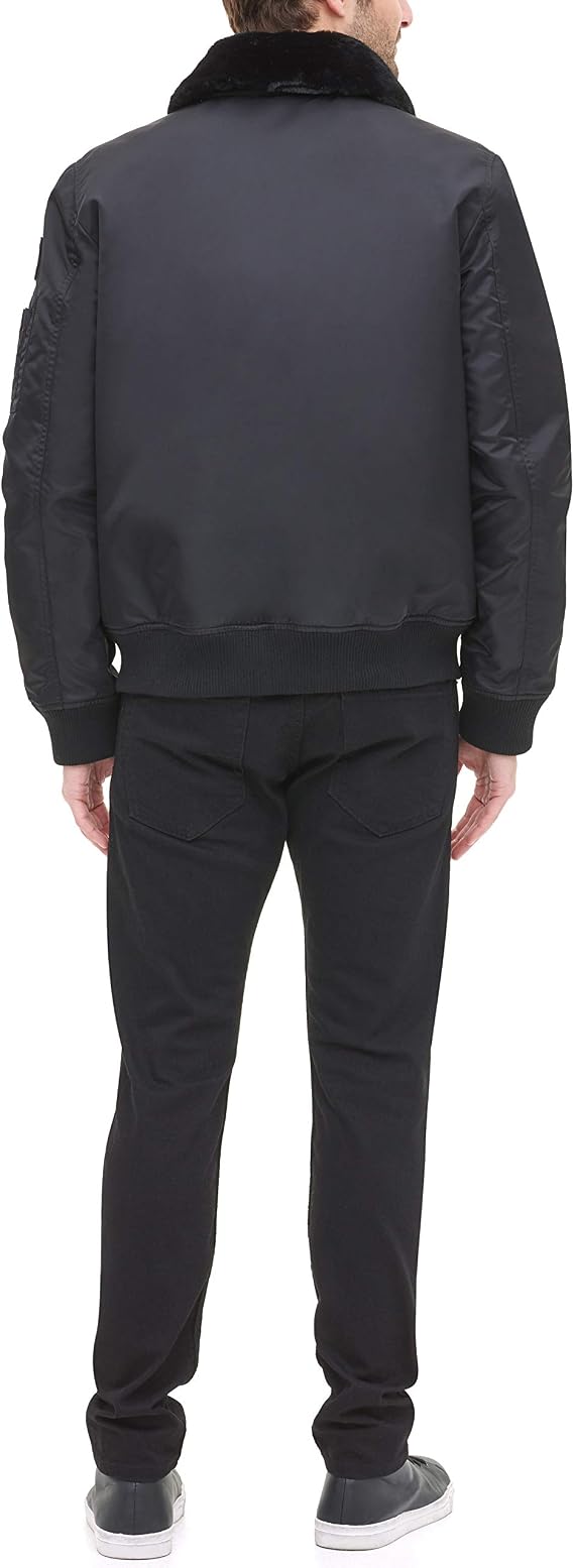 Tommy Hilfiger Men's Laydown Officer Jacket with Removable Pile Collar, Black w. Flag Patch, X-Large