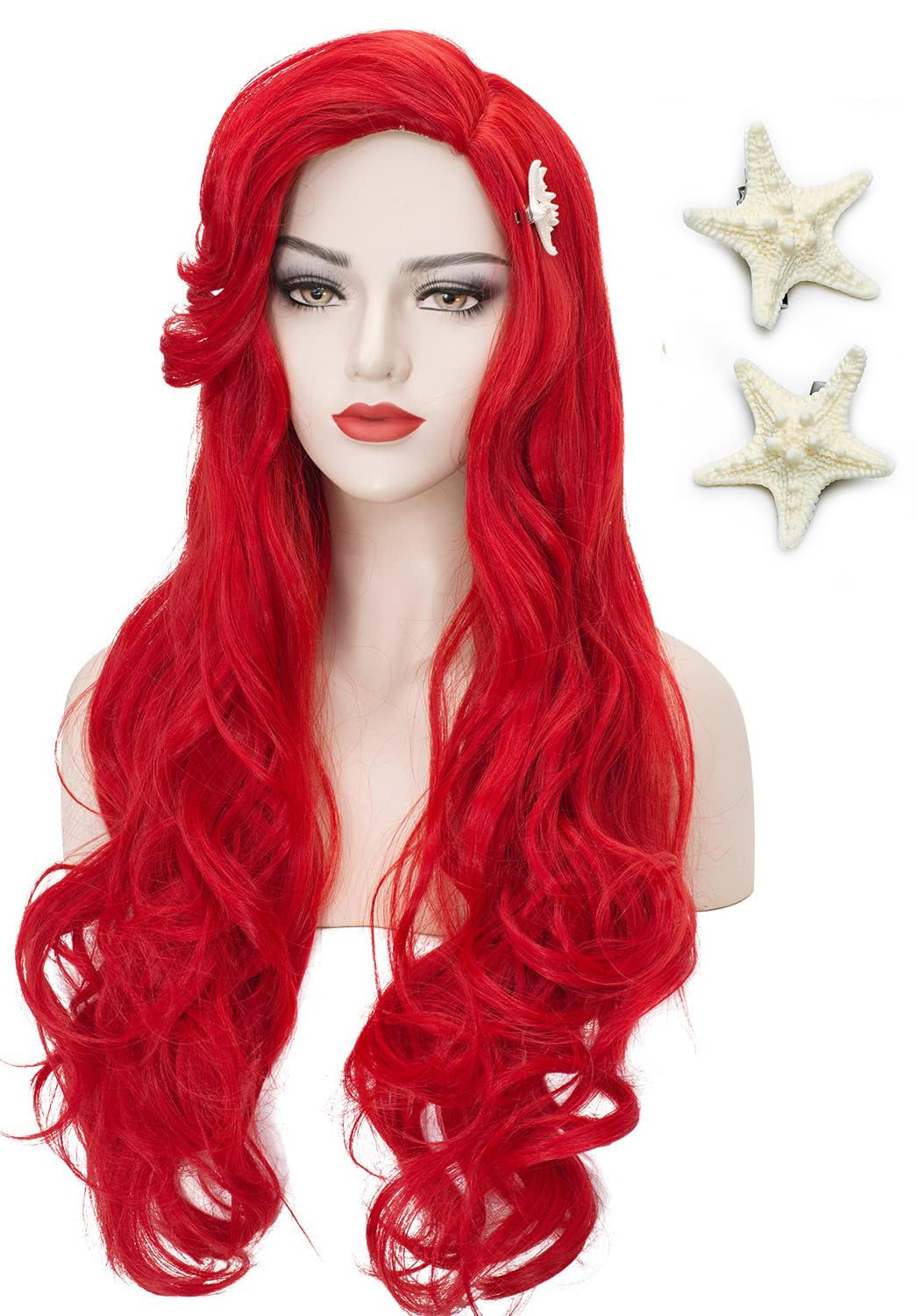 LABEAUTÉ Red Mermaid Wigs with Starfish Hairpin, Curly Long Daily Wig Hair Heat Resistant Synthetic Fiber for Halloween for Cosplay for Christmas