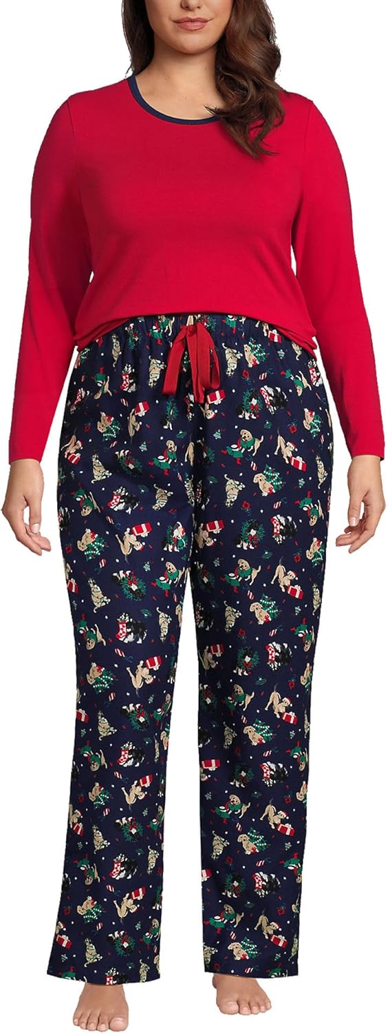 Lands' End Women's Pajama Set Knit Long Sleeve T-Shirt and Flannel Pants