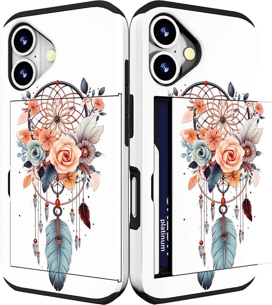 Compatible for iPhone 16 Plus Case Cute with Card Holder Shockproof Slim Slot Phone Wallet Cover for Women/Dreamcatcher Dream Catcher Flower Feather Girly