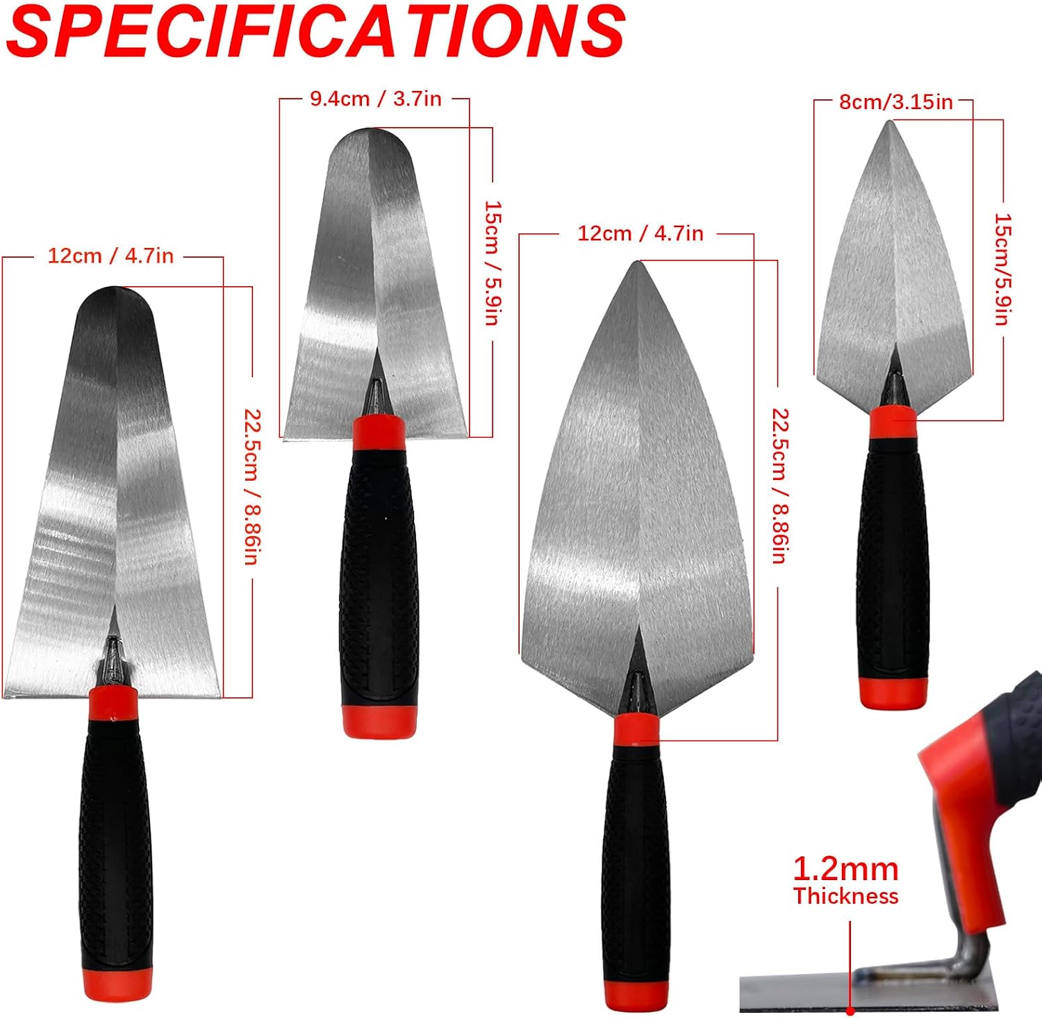 4 Pcs Bricklaying Knife Tool Set, 6-inch 9-inch Pointing Trowel | Carbon Steel Masonry Trowel Hand Tool Kit for Brickwork, Concrete, Cement, Plaster, Tile Construction Projects
