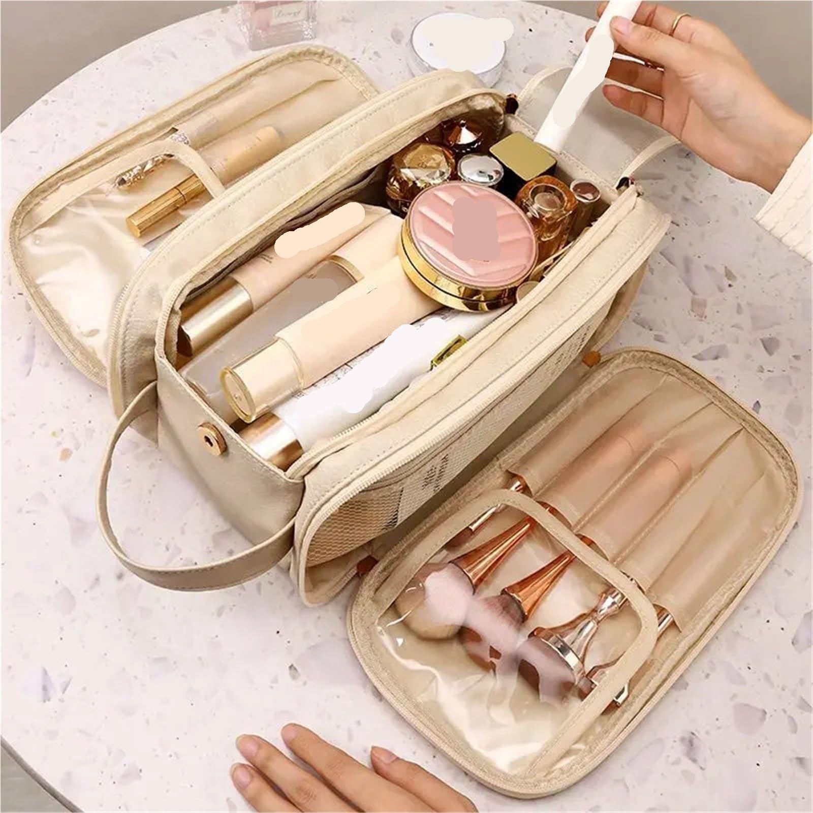 Borsa for Il Trucco per i Viaggi | Doppia cerniera portatile multifunzionale in pelle PU di grande capacità(Black)