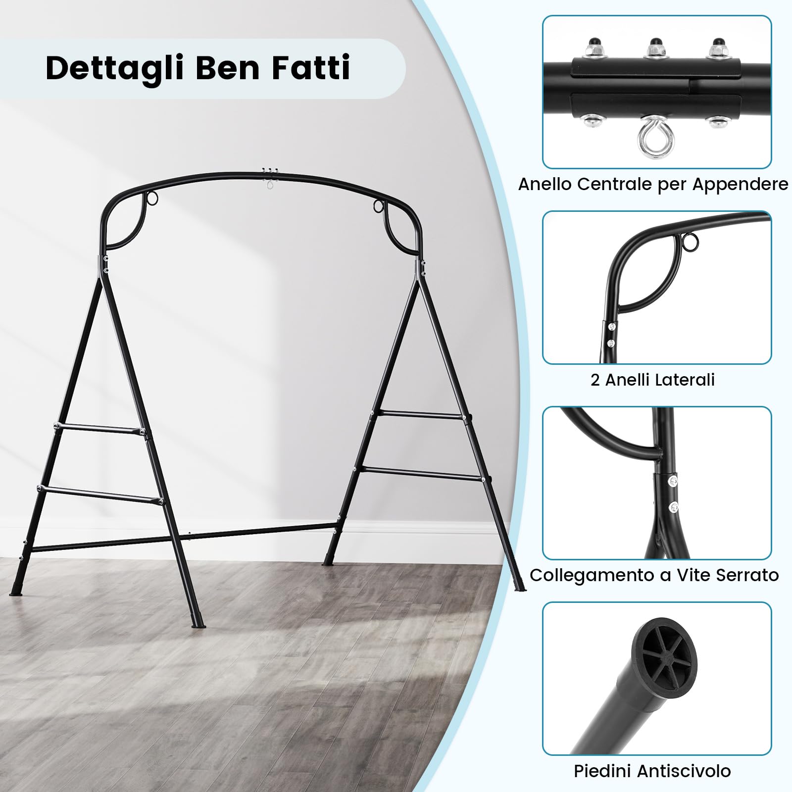 COSTWAY Supporto per Altalena in Metallo, Struttura per Altalena con Doppie Barre Laterali e Design a 2 Anelli, Struttura a Forma di A, Portata 300 kg (Con anello centrale)