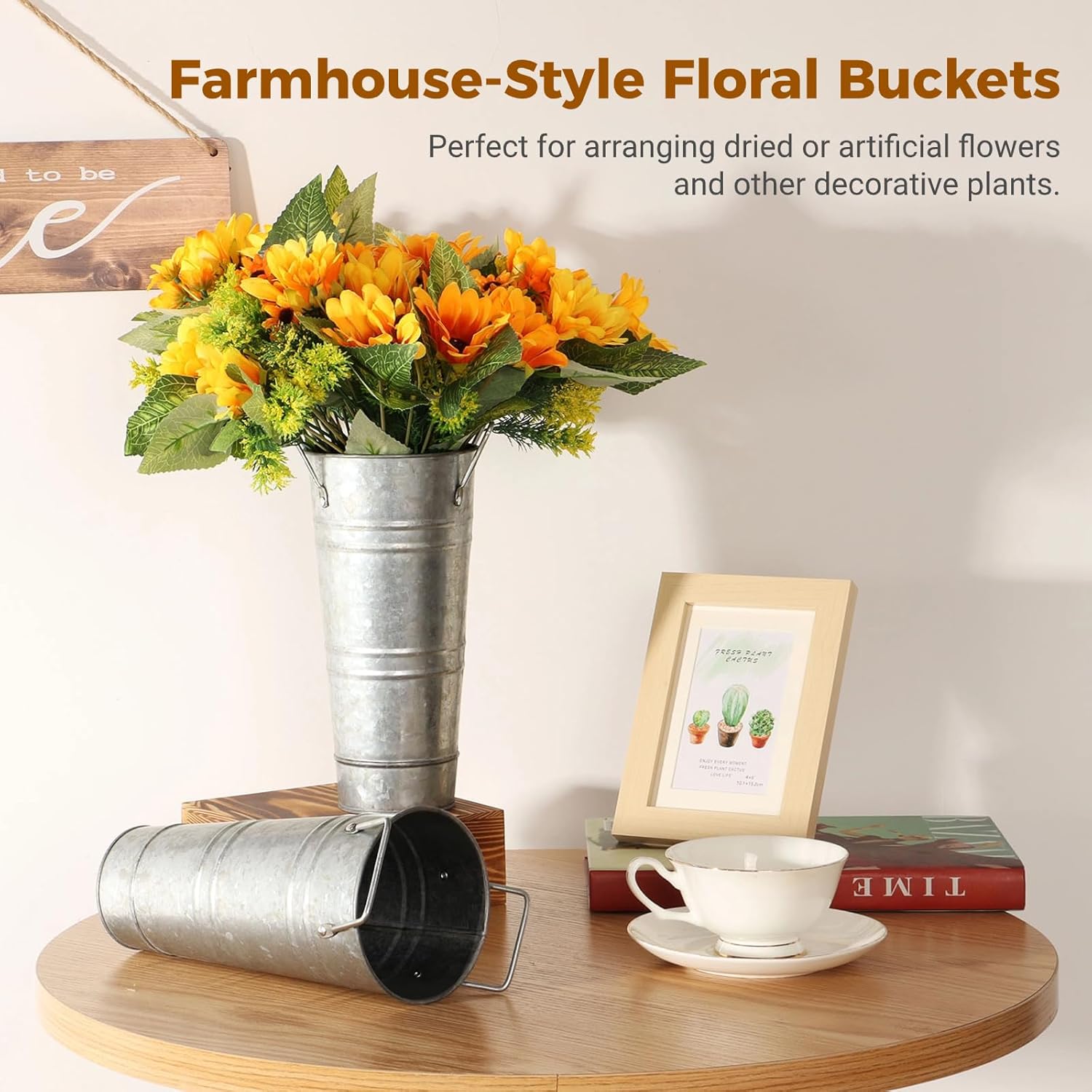 4 Pcs Galvanized Flower Buckets, 9in Farmhouse French Bucket with Handles, Flower Buckets for Cut Flowers,Flower Buckets for Flower Bar, Rustic Farmhouse Vases for Home Decor Wedding Table