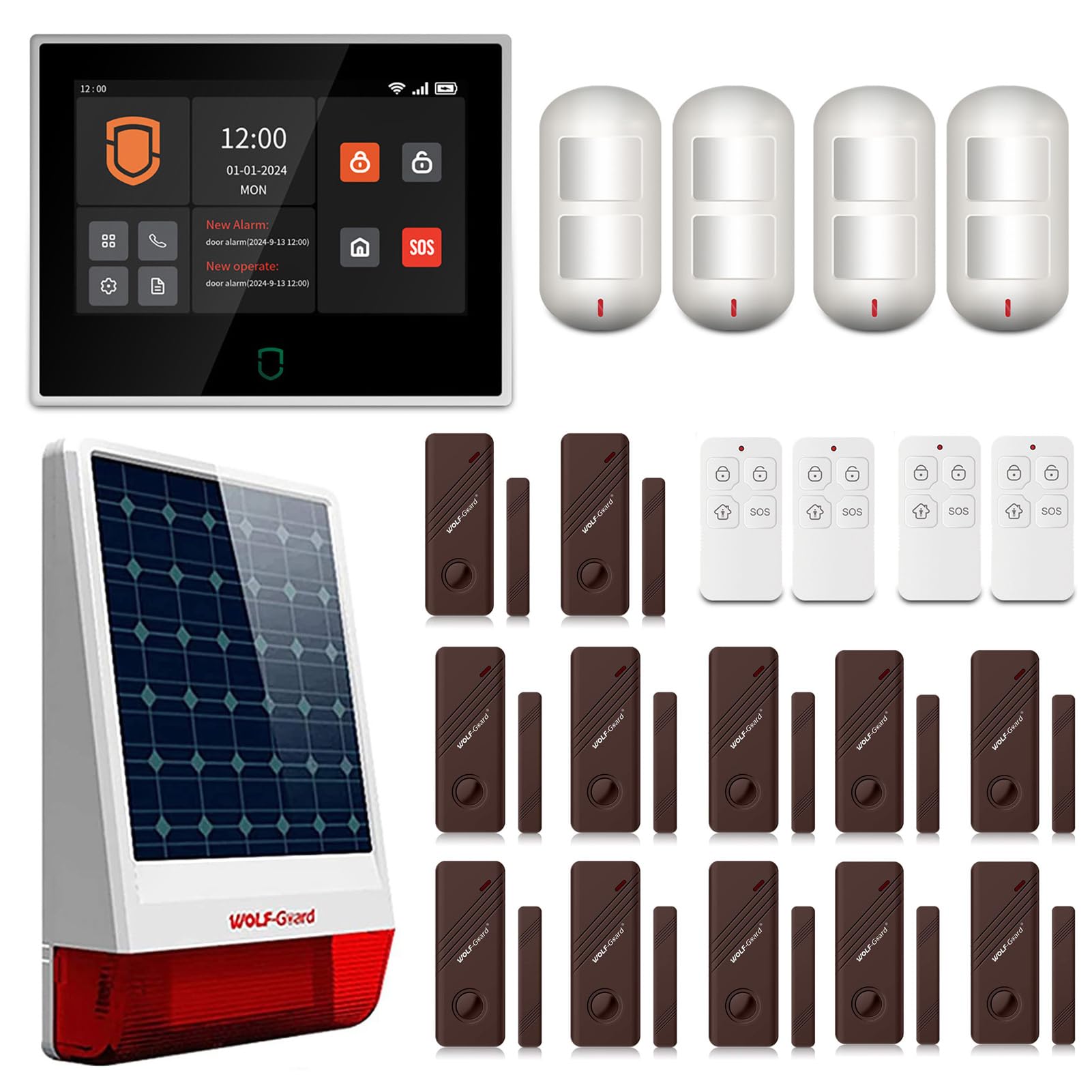 Wolf Guard WT4F-W06 Allarme domestico 4G + WiFi Touchscreen da 7", sistemi di sicurezza Tuya Smart tramite APP/SMS/chiamata, sirena solare da esterno da 110 dB, Rilevatore di Movimento