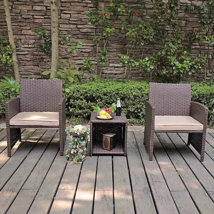 DEVOKO 3 Piece Patio Furniture Outdoor Wicker Conversation Porch Chairs with Center Table, Modern Rattan Bistro Set for Balcony, Garden, Deck (Dark Brown and Cream)