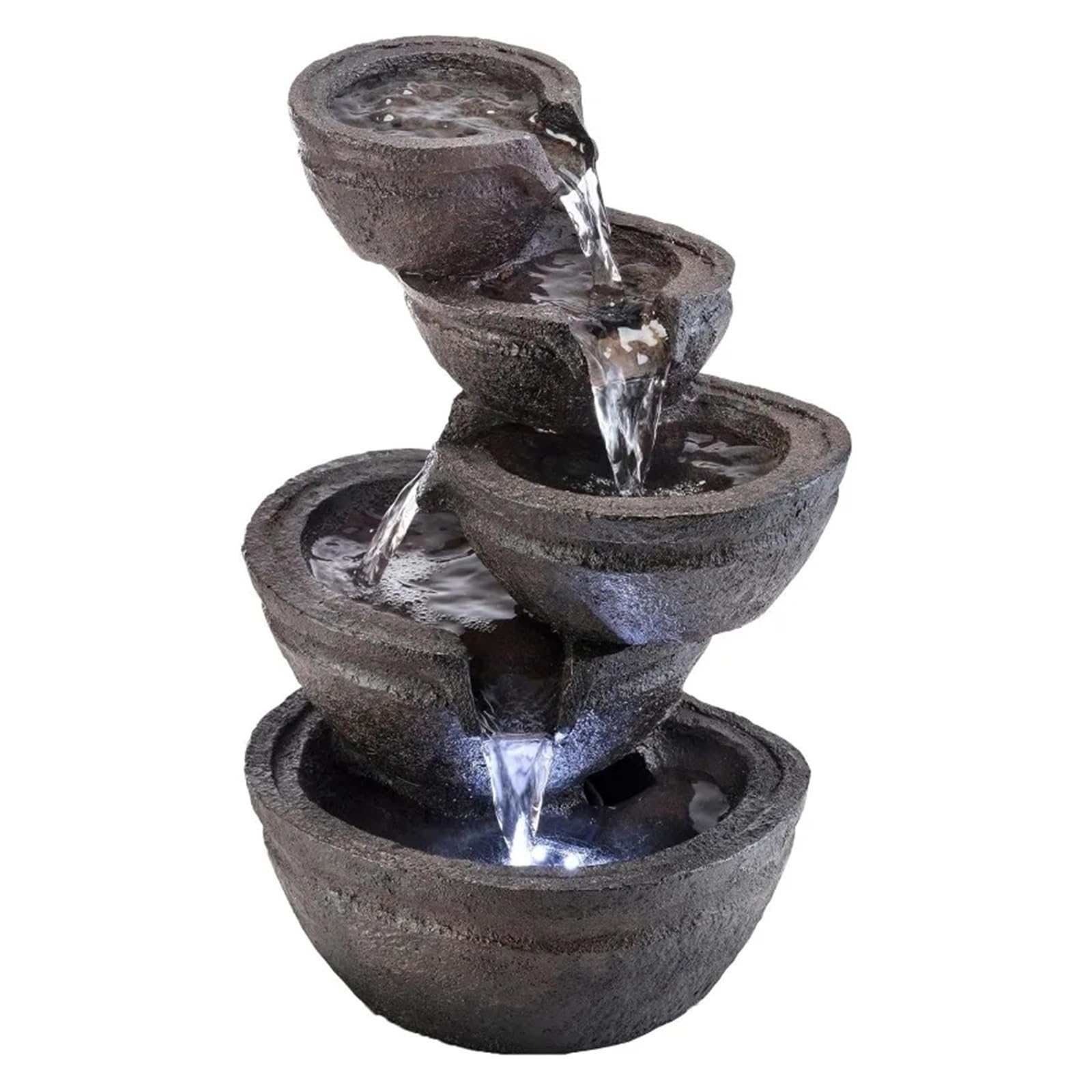 Fontaine d'eau design bols en pierre à 5 niveaux et éclairage LED table