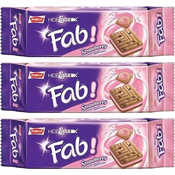 Parle Hide and Seek, Fab! Flavored Chocolate Chip Covered Cookies, Product of India, 3 Packs Strawberry