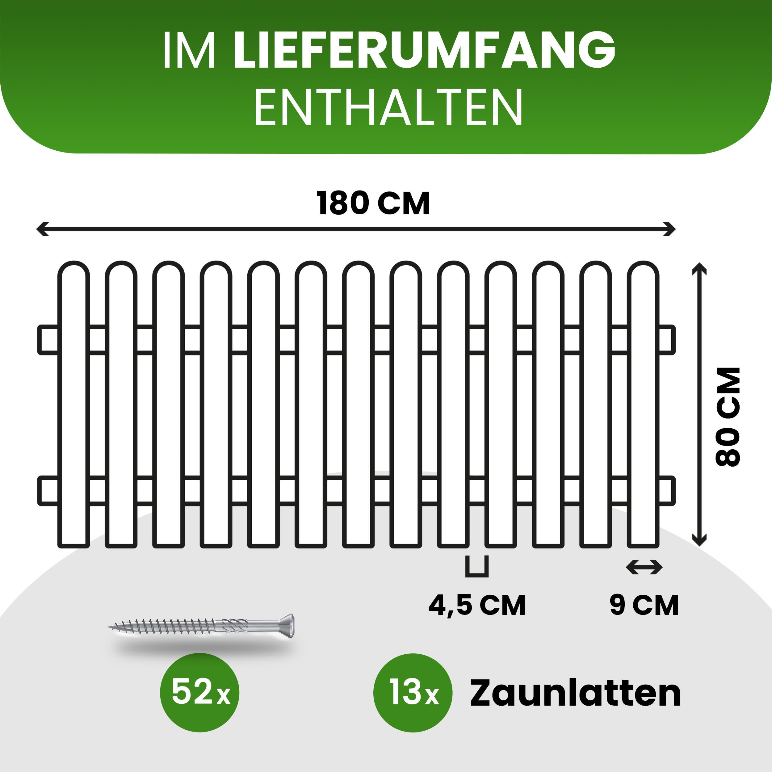 Gartenpirat Holzpaket Lattenzaun Länge 180 cm Höhe 80 cm – Lärche natur Zaunlatten Typ A – Vorgartenzaun mit Riegeln & Schrauben