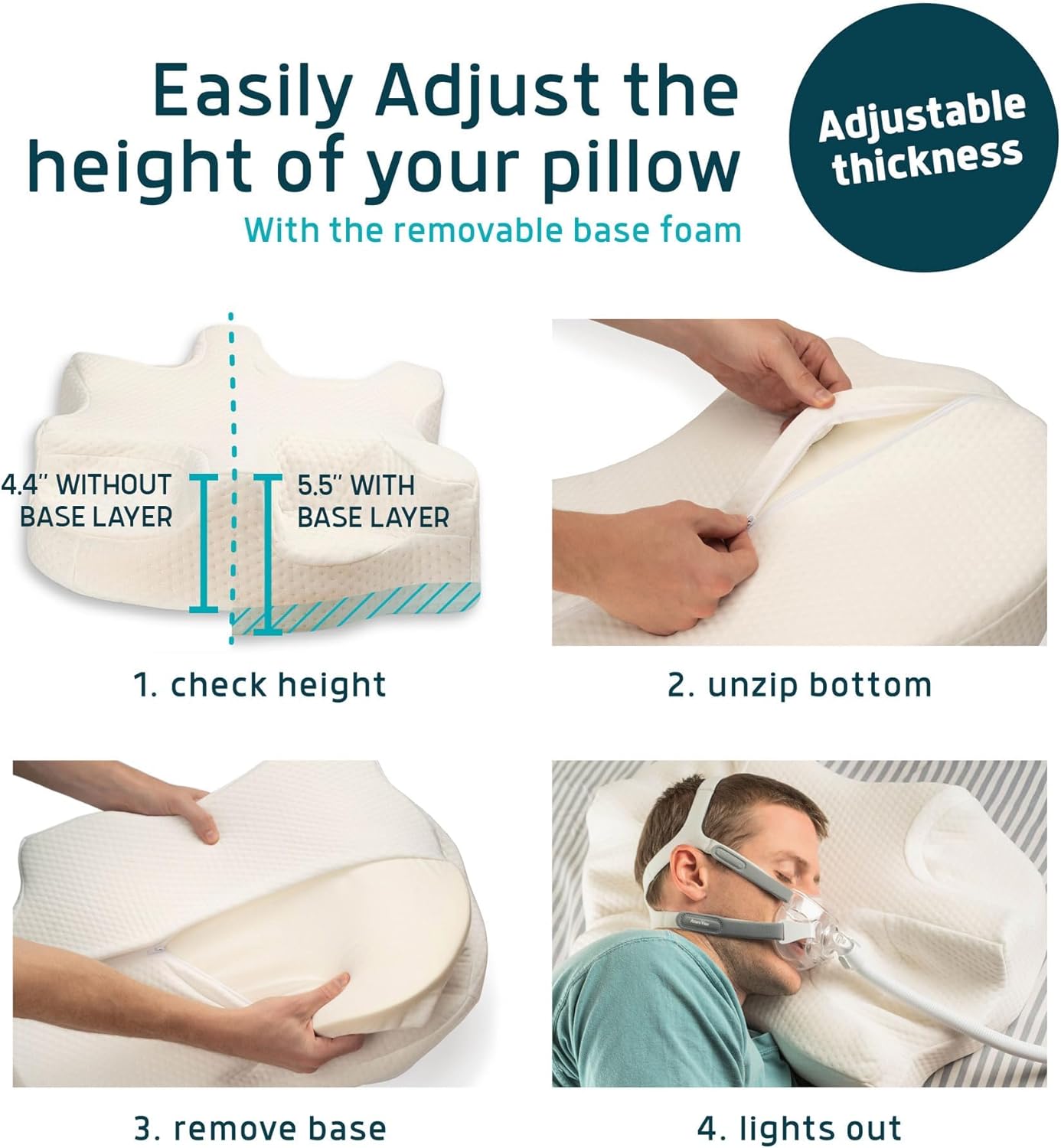 Lunderg CPAP Pillow for Side & Back Sleepers - Memory Foam with Adjustable Height - 2 Pillowcases Included (Machine Washable) - Reduce Air Leaks & Mask Pressure for Better Sleep - Works with ALL Masks - Image 7