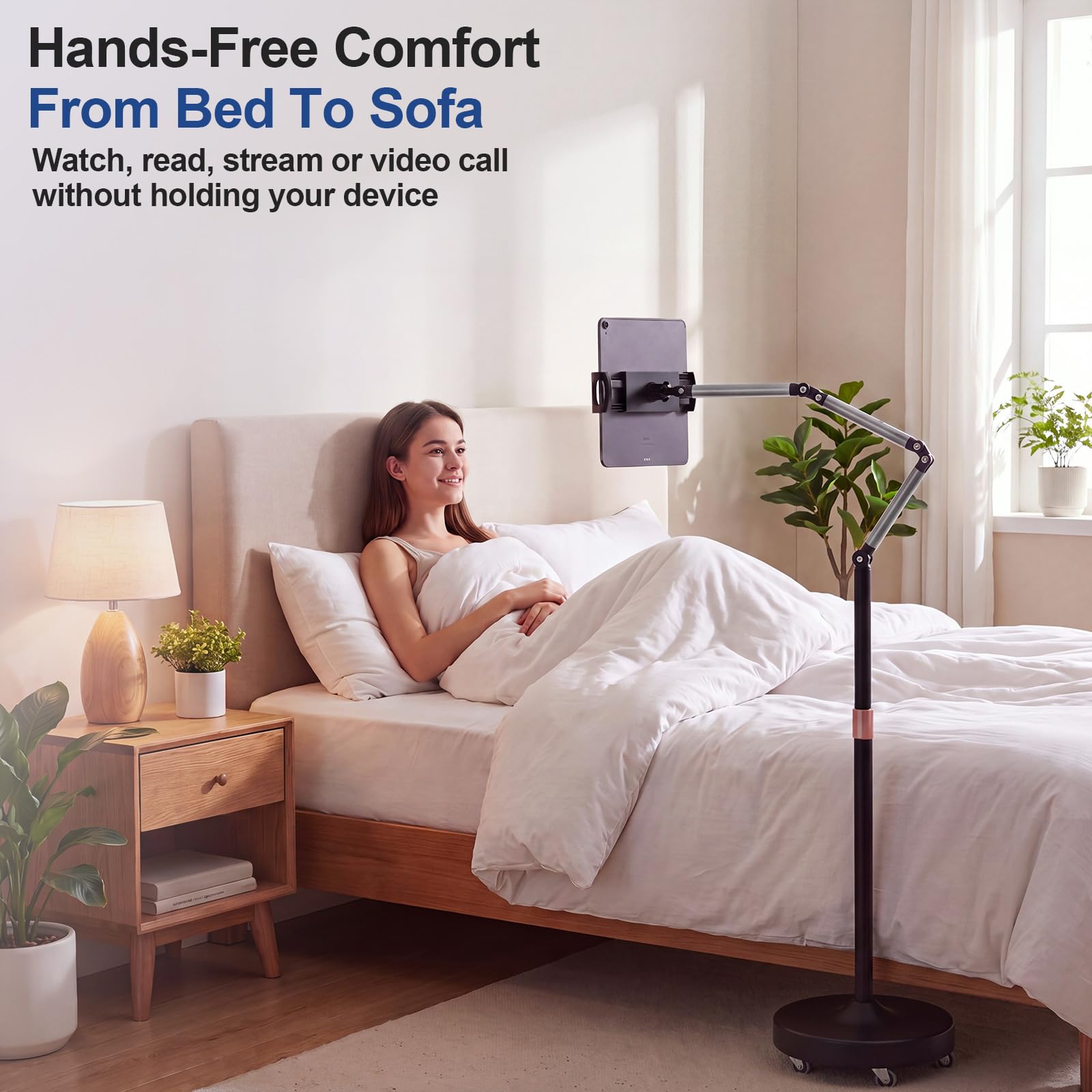 Sabary Soporte de suelo para tableta con ruedas, brazo largo ajustable de 6 pies de altura, soporte magnético para teléfono, soporte de rotación múltiple de 360° para cama, sofá, reclinable, sofá