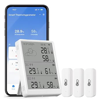 WiFi Thermometer Hygrometer Indoor Digital Smart Temperature Humidity Monitor with App Notification Alert, Data Storage Export, 100m Range, Compatible with Alexa 3Sensors+1Base Station