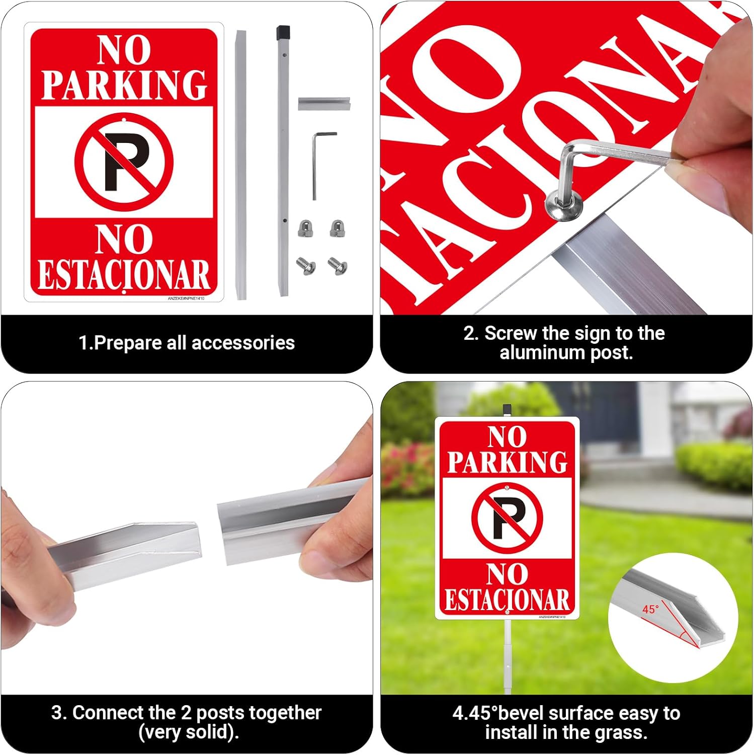 No Parking English Spanish Bilingual Sign, 2 Pack-14"x10"Reflective Aluminum with 36" Long Metal Stakes Set, UV Protected, Fade Resistant, Portable No Parking Sign for House or Business, Easy to Mount