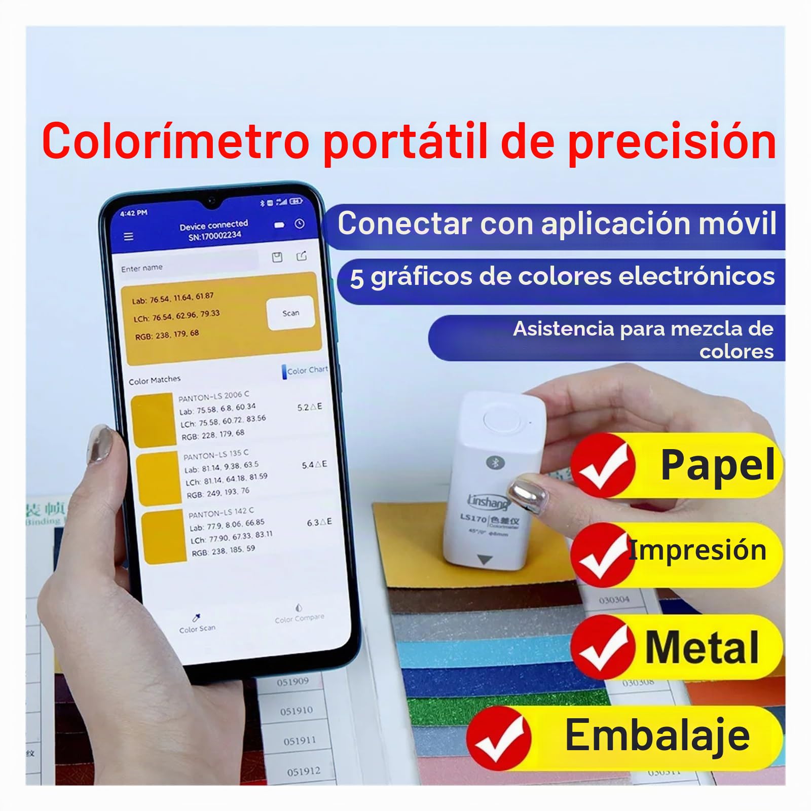 Colorímetro Digital portátil for recubrimientos, aplicación móvil, Pantone NCS Ral CMYK 45°/0°, más económico, LS170