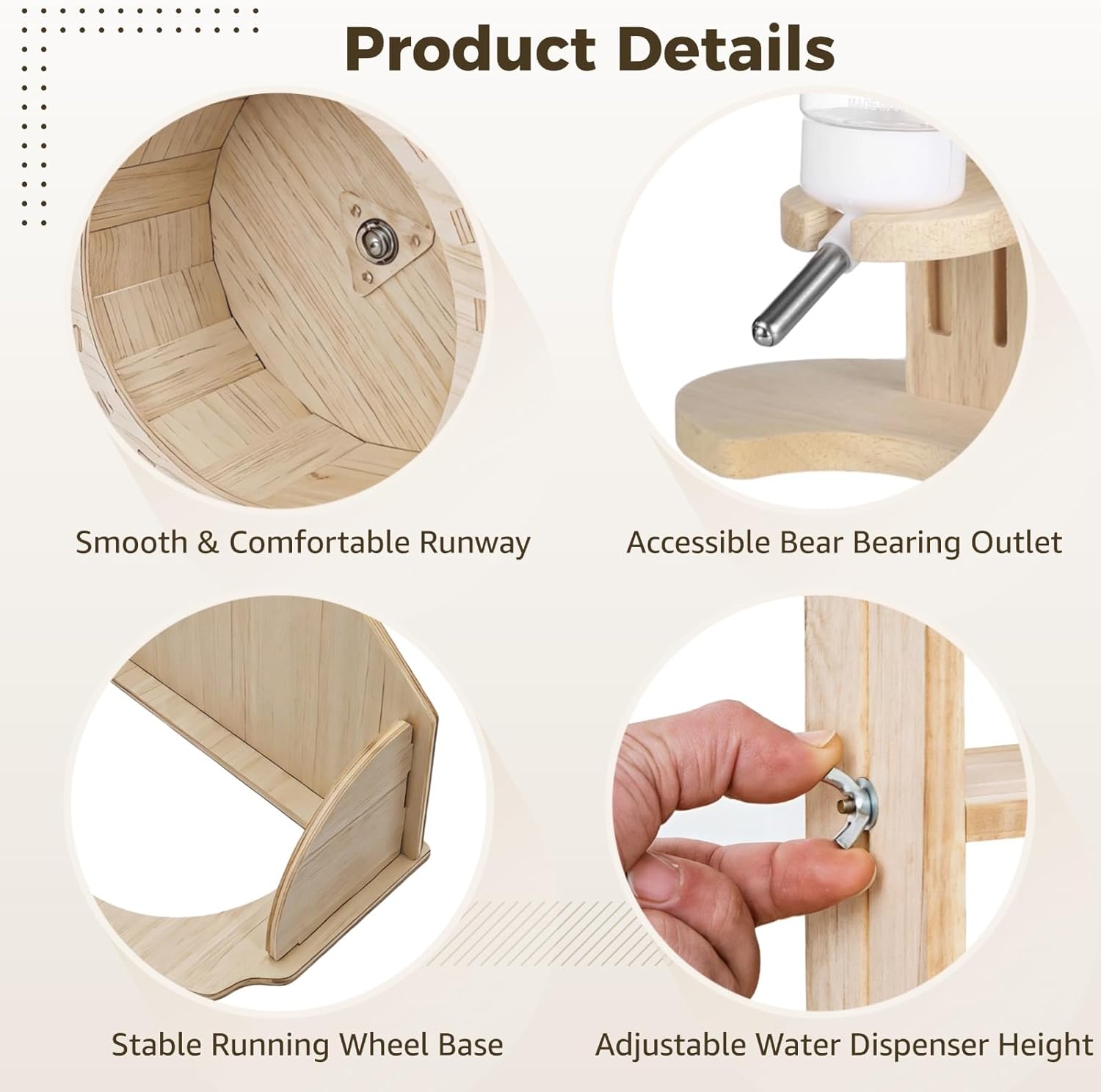 2 PCS Wooden Silent Hamster Wheel and Hamster Water Bottle Set, 8.6" Guinea Pig Wheel with Adjustable Water Dispenser Stand for Gerbil, Syrian & Dwarf, Chinchilla and More Small Animal