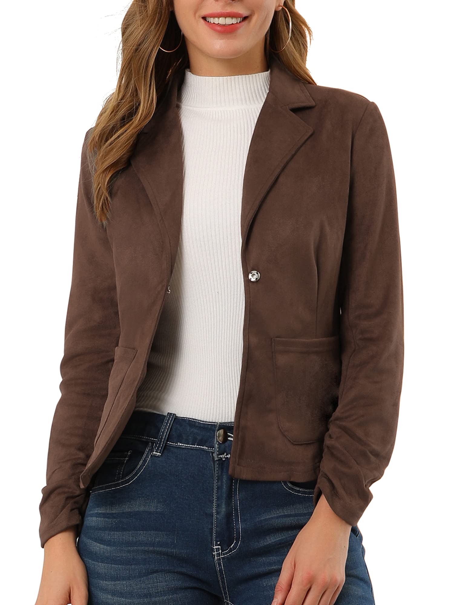 Allegra K Womens Faux Suede Blazer Lapel Collar Ruched Sleeve One Button Work Office Jacket Blazers
