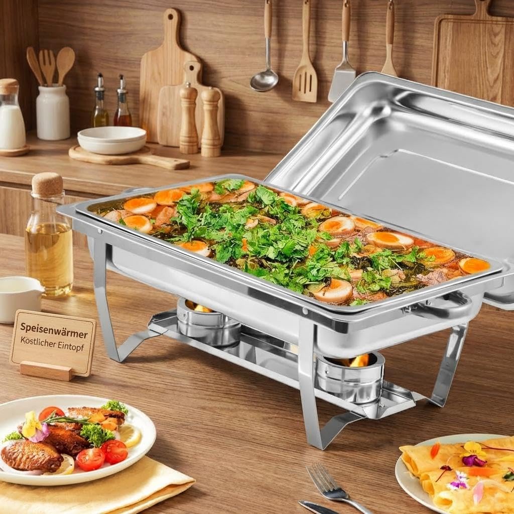 GarveeHome 2er Set Chafing Dish 7,5L Edelstahl Buffetwärmer Speisenwärmer | Brennpastenbehälter inkl.; Hochglanz-Optik; Rechteckig; Spülmaschinenfest; Warmhaltefunktion; Catering & Party-Zubehör