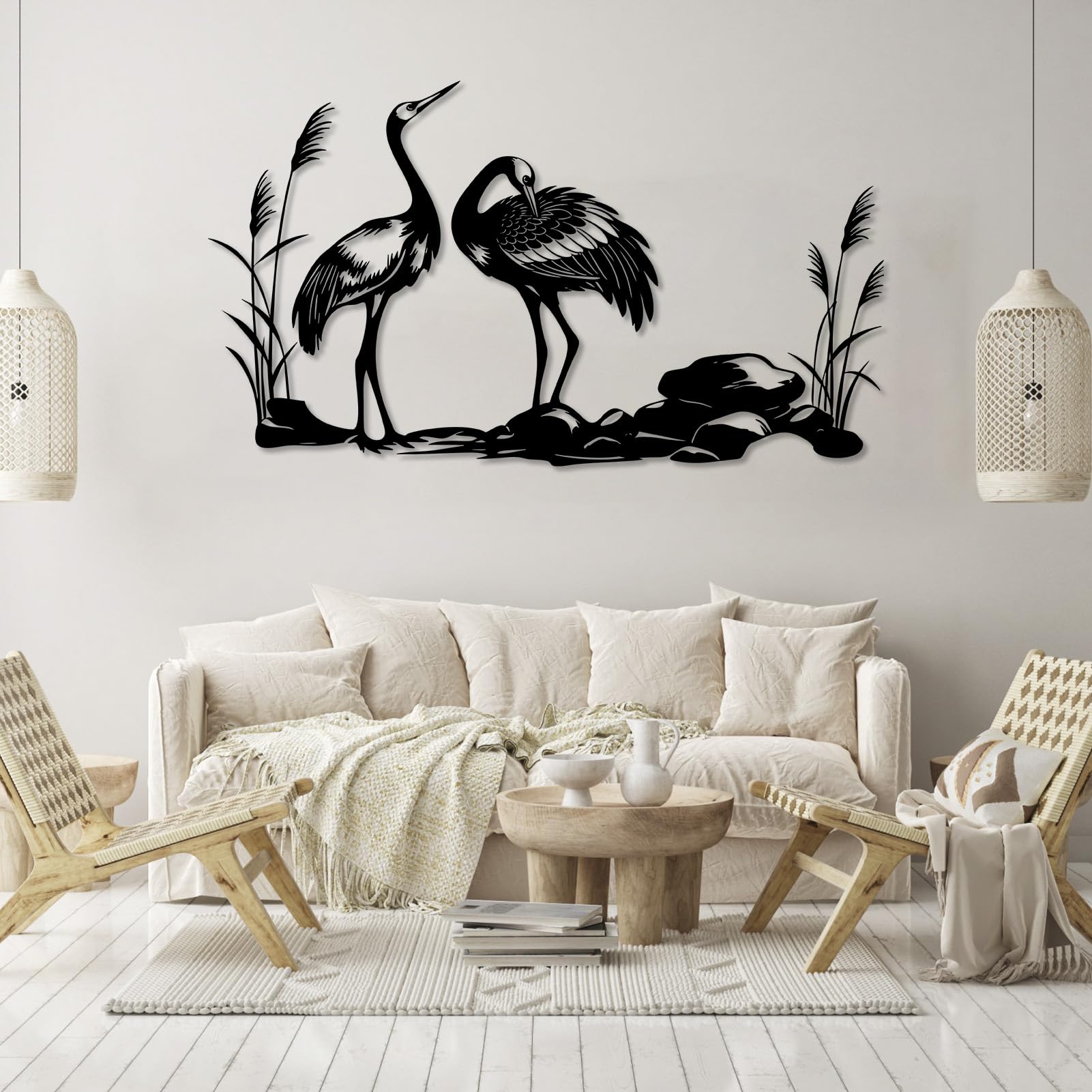 Großes abstraktes Wandbild aus Metall, Kranichmotiv, japanische Kranichdekoration, Wildtiermotiv für Wohnzimmer, Schlafzimmer (Gold, 150 x 86 cm)