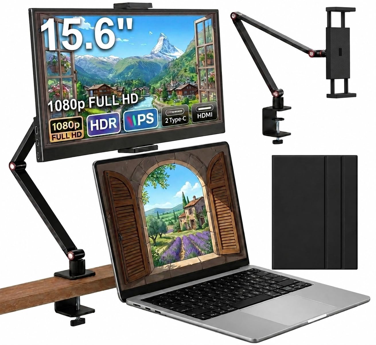 HONGO 15,6 Zoll Tragbarer Monitor, 1080P FHD IPS Bildschirm-Erweiterung mit Tischklemme & Lautsprechern, USB-C HDMI Plug & Play für Laptop, Handy, Spielkonsolen