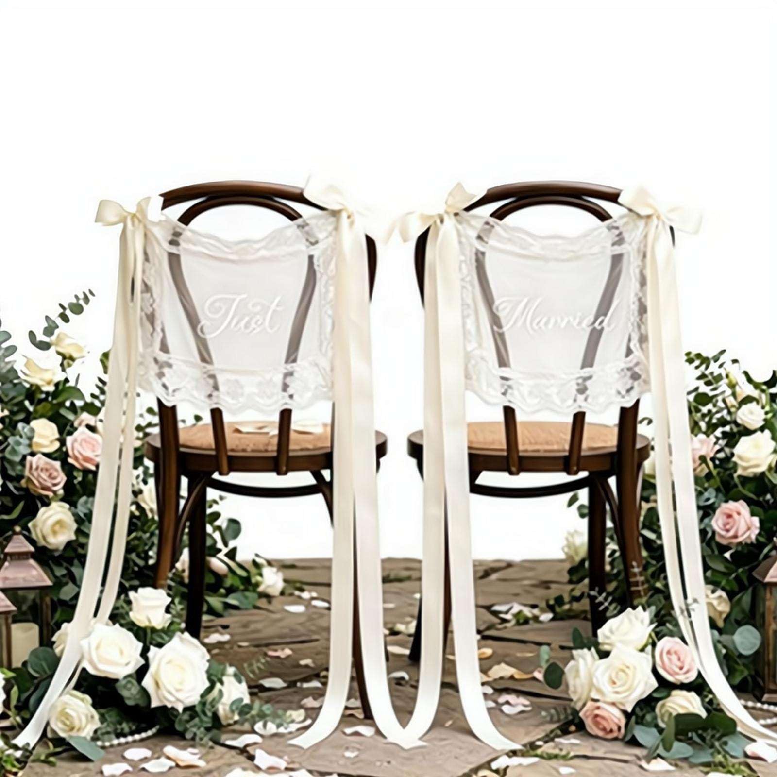 Ślubne koronkowe tabliczki na krzesło do dekoracji stołu pary młodej, zestaw 2 romantycznych koronkowych tabliczek na krzesło z napisem "Just Married" z wstążką, dekoracje krzeseł dla panny młodej i