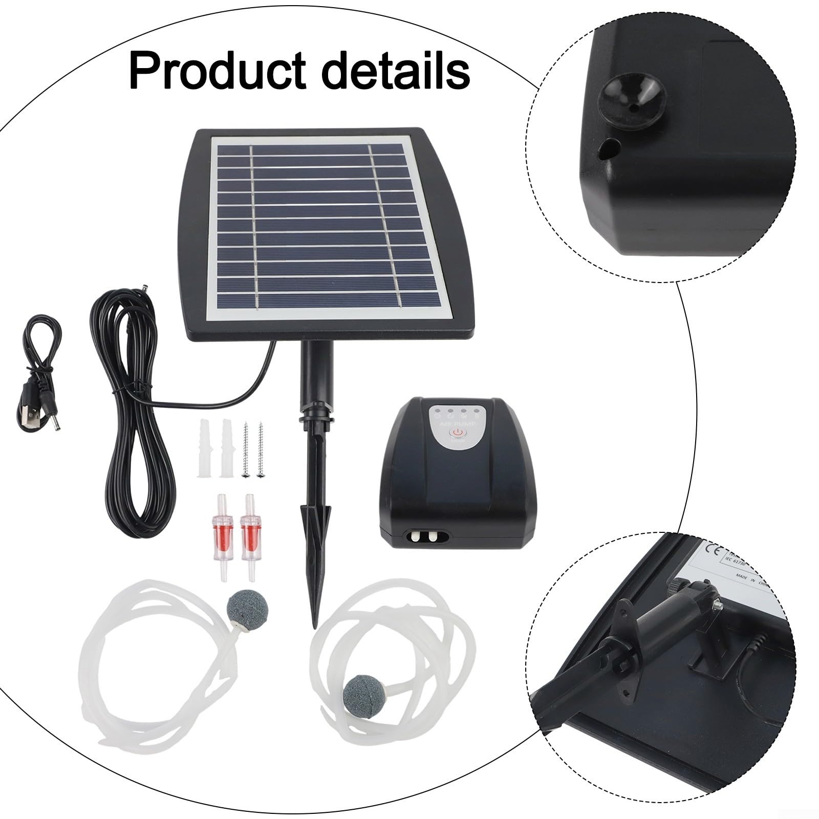 Pompa per ossigeno solare da 3 W con batteria da 2600 mAh per stagni e acquari all'aperto, aeratore ricaricabile tramite USB, dispositivo di aerazione silenzioso, nero (3 W 2600)