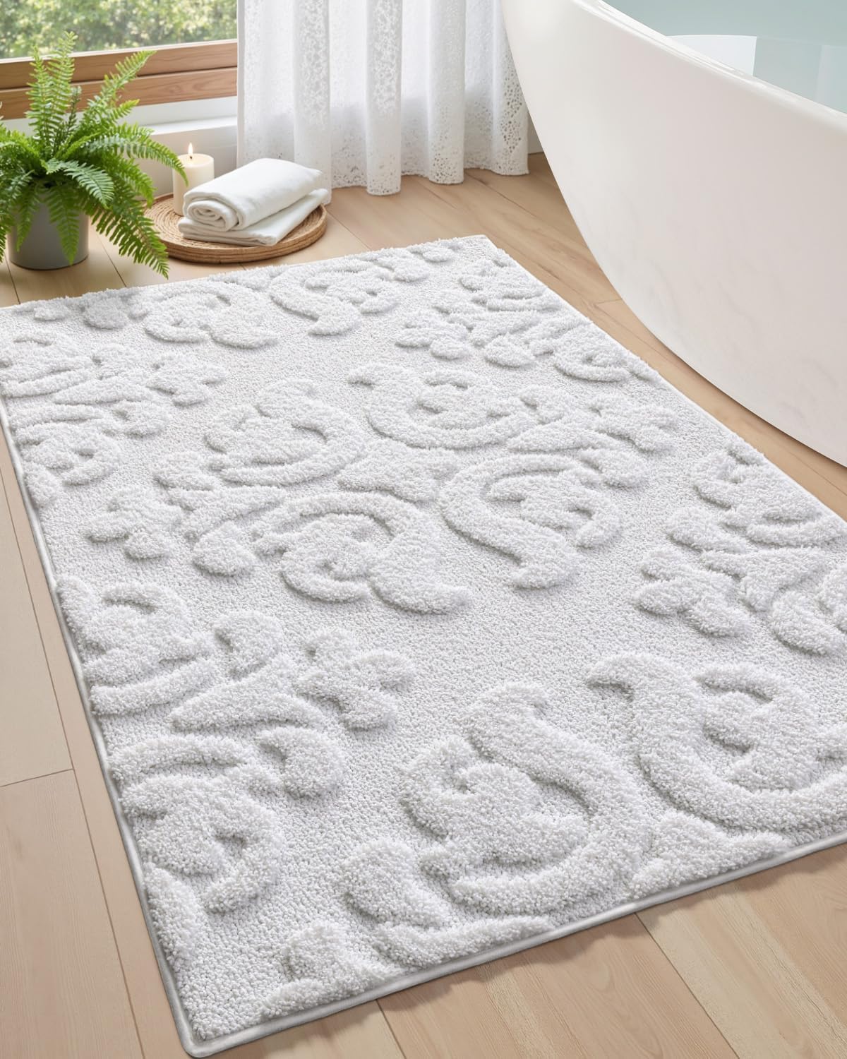 DEXI Bathroom Rug 17x30, Non Slip Washable Bath Mat for Shower Floor, Absorbent Soft Bathmat with Rubber Backing, Plush Fluffy Microfiber Floral Retro Carpet, White