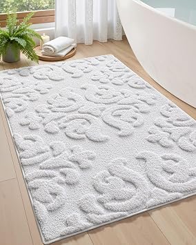 DEXI Bathroom Rug Non Slip Washable, 36x24 Floral Quick Dry Bath Mat, White