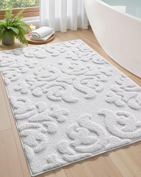 DEXI Bathroom Rug 24x43, Non Slip Washable Bath Mat for Shower Floor, Absorbent Soft Bathmat with Rubber Backing, Plush Fluffy Microfiber Floral Retro Carpet, White by DEXI - Used condition - US$18.35