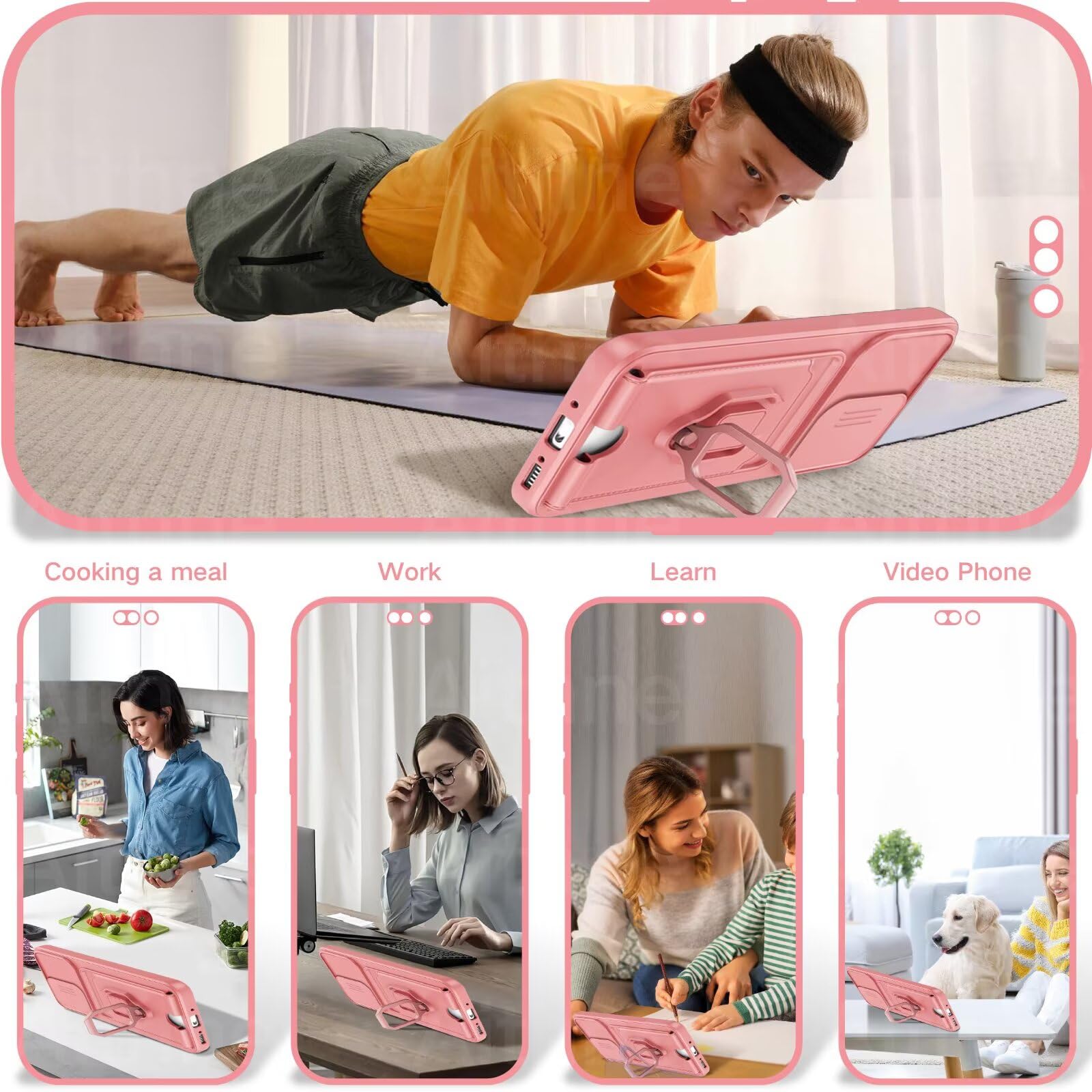 Funda con Cuerda para Samsung Galaxy A22 4G/M32 4G Case con Ranura para Tarjetas,360 Anillo función de Soporte Cubierta -Pink — view 3