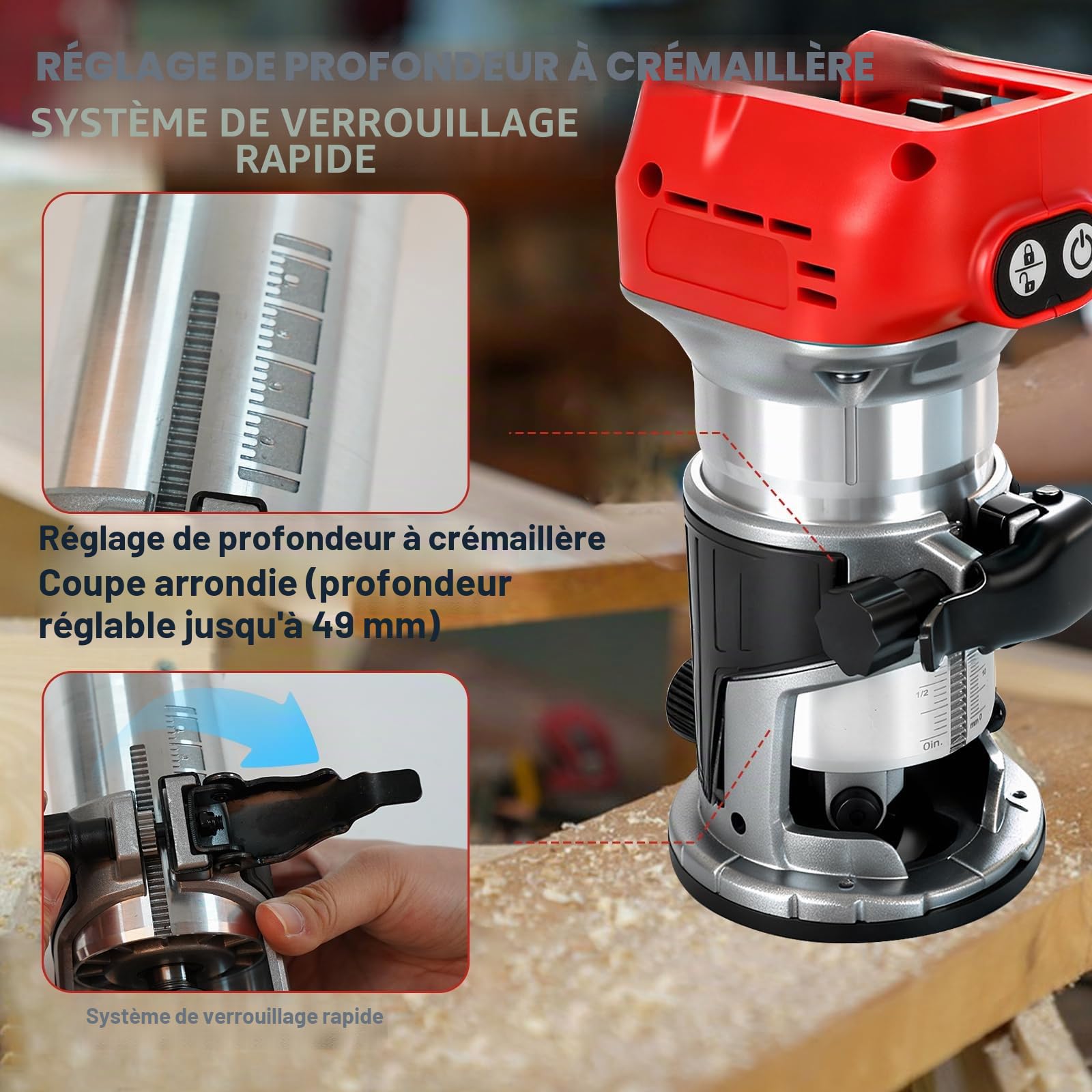 Défonceuse à bois sans fil pour batterie Milwaukee 18 V, défonceuse manuelle de 800 W pour le travail du bois, 6 vitesses 10 000 à 30 000 tr/min