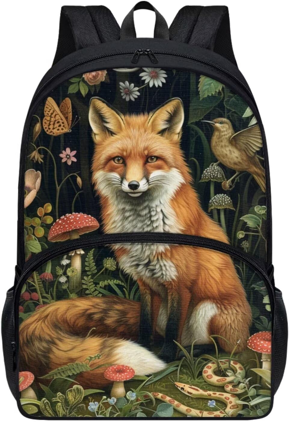 17 Inch Print Backpacks for Girls Boys Elementary Student Cute Floral Fox Backpack for Kids Large Capacity School Bag with Front Pocket Padded Straps Lightweight Black Casual Bookbag