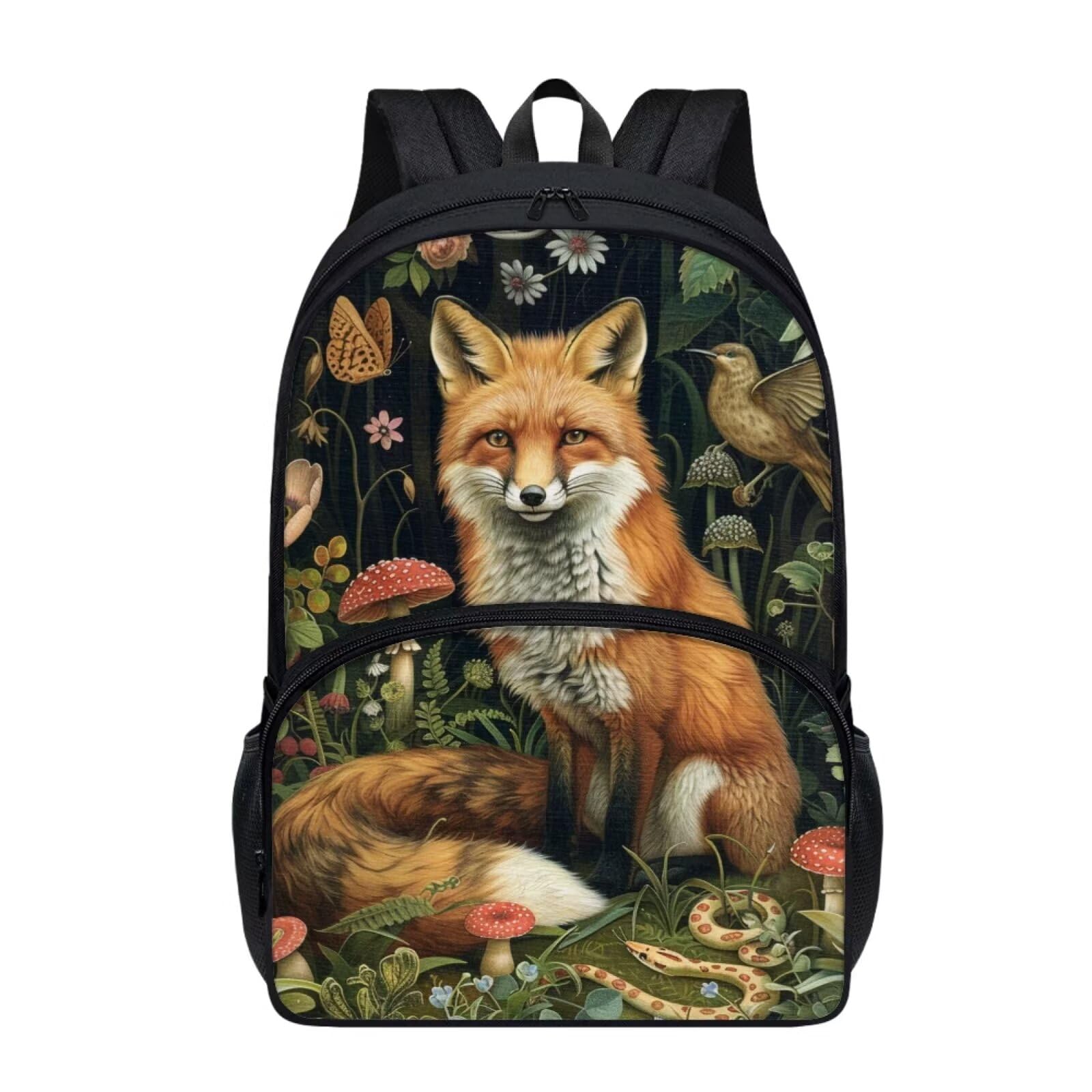 17 Inch Print Backpacks for Girls Boys Elementary Student Cute Floral Fox Backpack for Kids Large Capacity School Bag with Front Pocket Padded Straps